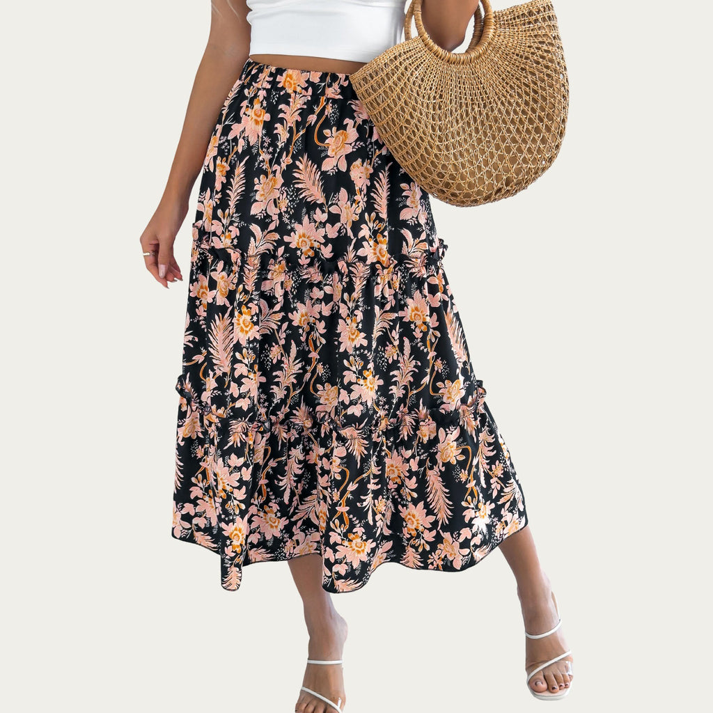 Anna-Kaci Women¡¯s Floral Print Tiered Skirt with Ruffled Detailing for Flattering Fit and Feminine Elegance