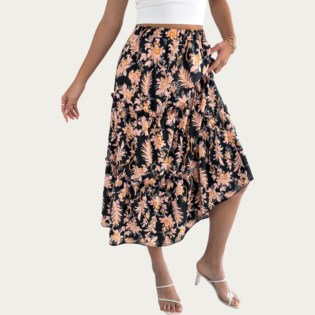 Anna-Kaci Women¡¯s Floral Print Tiered Skirt with Ruffled Detailing for Flattering Fit and Feminine Elegance