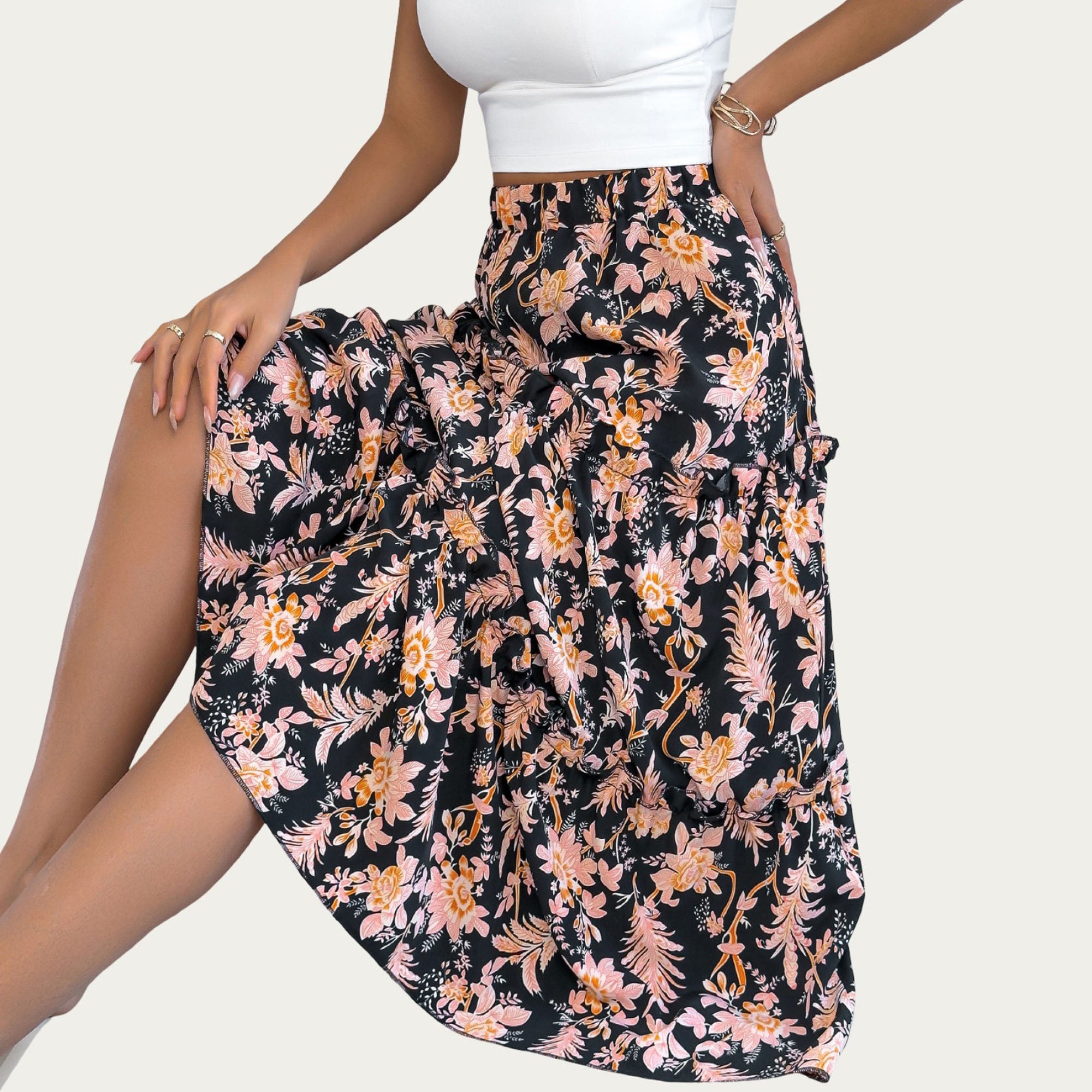 Anna-Kaci Women¡¯s Floral Print Tiered Skirt with Ruffled Detailing for Flattering Fit and Feminine Elegance