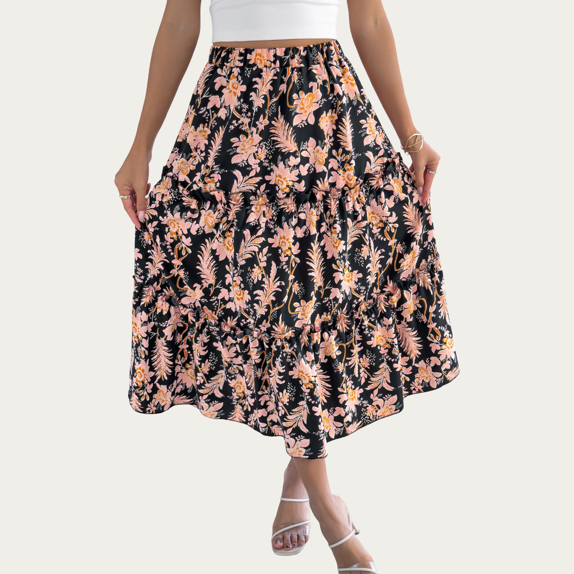 Anna-Kaci Women¡¯s Floral Print Tiered Skirt with Ruffled Detailing for Flattering Fit and Feminine Elegance