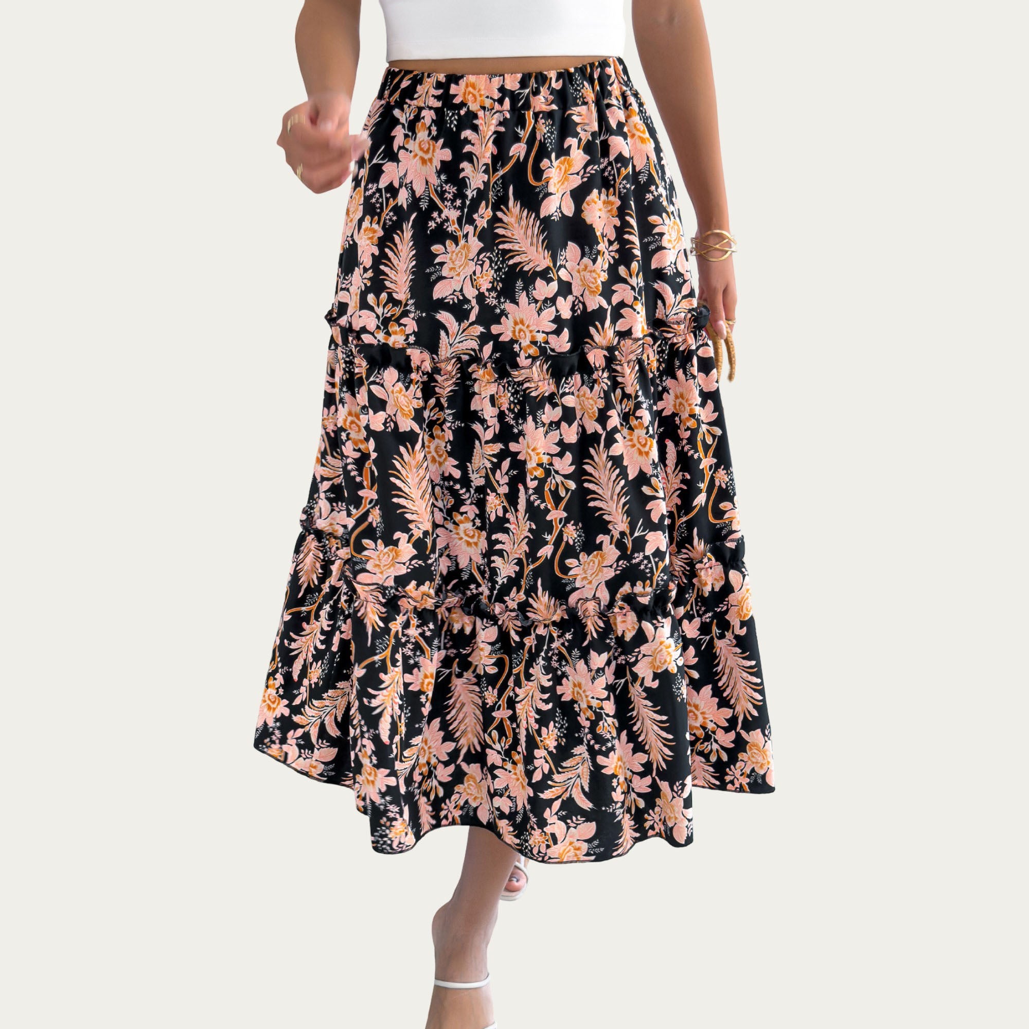 Anna-Kaci Women¡¯s Floral Print Tiered Skirt with Ruffled Detailing for Flattering Fit and Feminine Elegance
