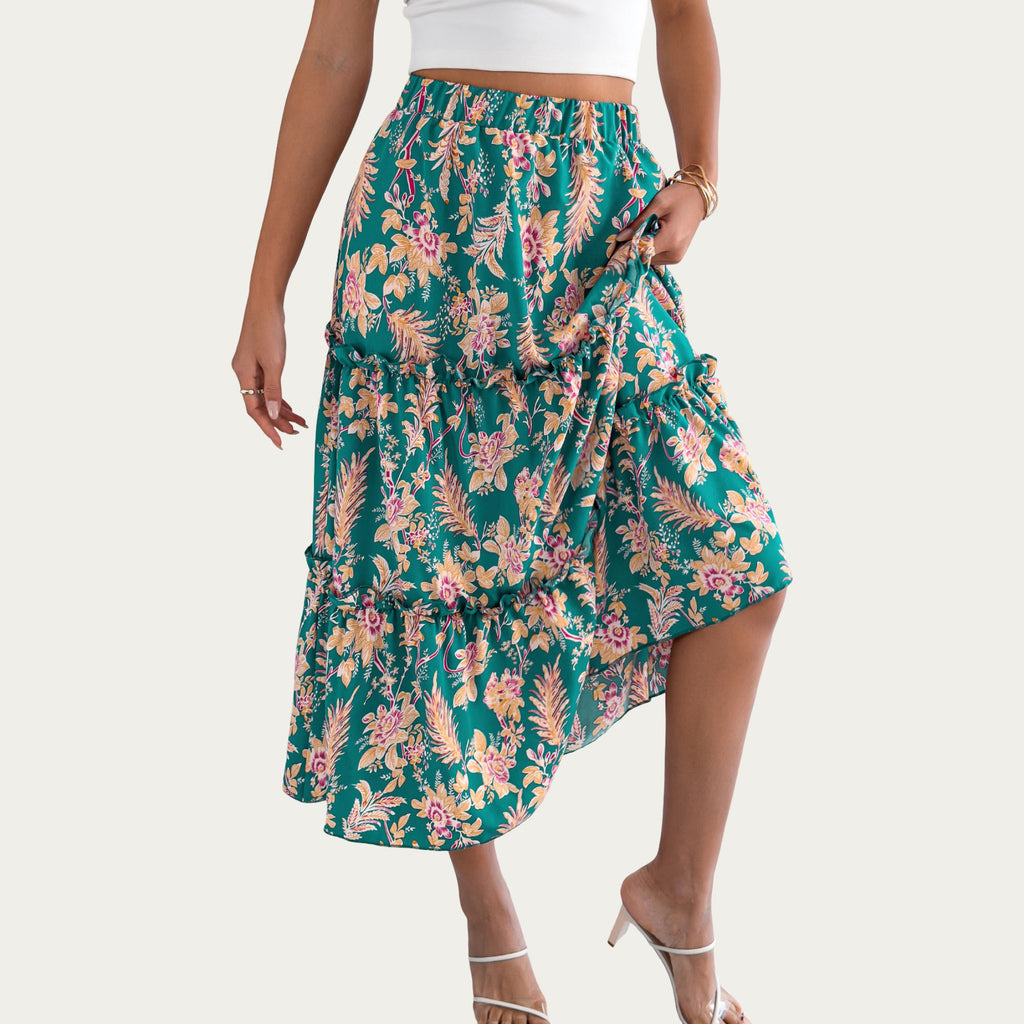 Anna-Kaci Women¡¯s Floral Print Tiered Skirt with Ruffled Detailing for Flattering Fit and Feminine Elegance