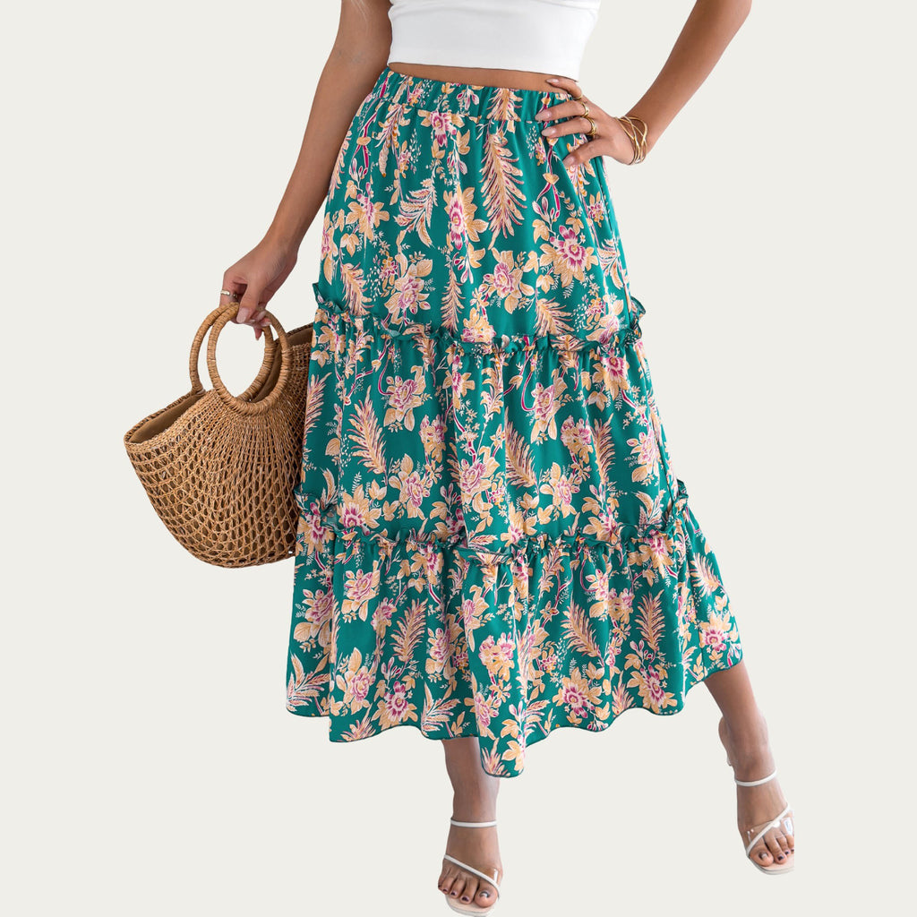 Anna-Kaci Women¡¯s Floral Print Tiered Skirt with Ruffled Detailing for Flattering Fit and Feminine Elegance