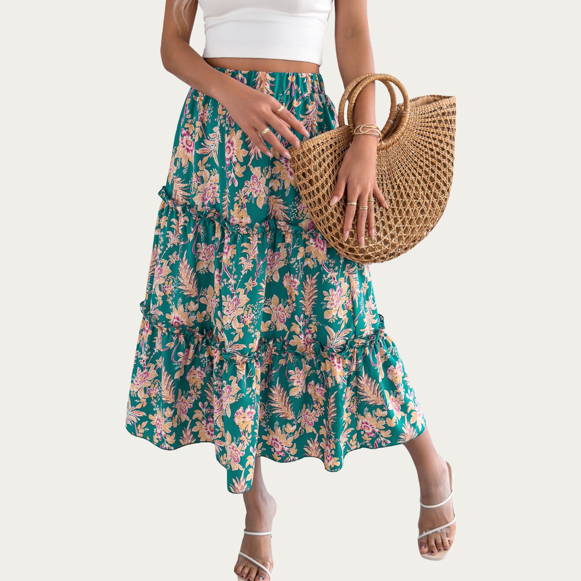 Anna-Kaci Women¡¯s Floral Print Tiered Skirt with Ruffled Detailing for Flattering Fit and Feminine Elegance