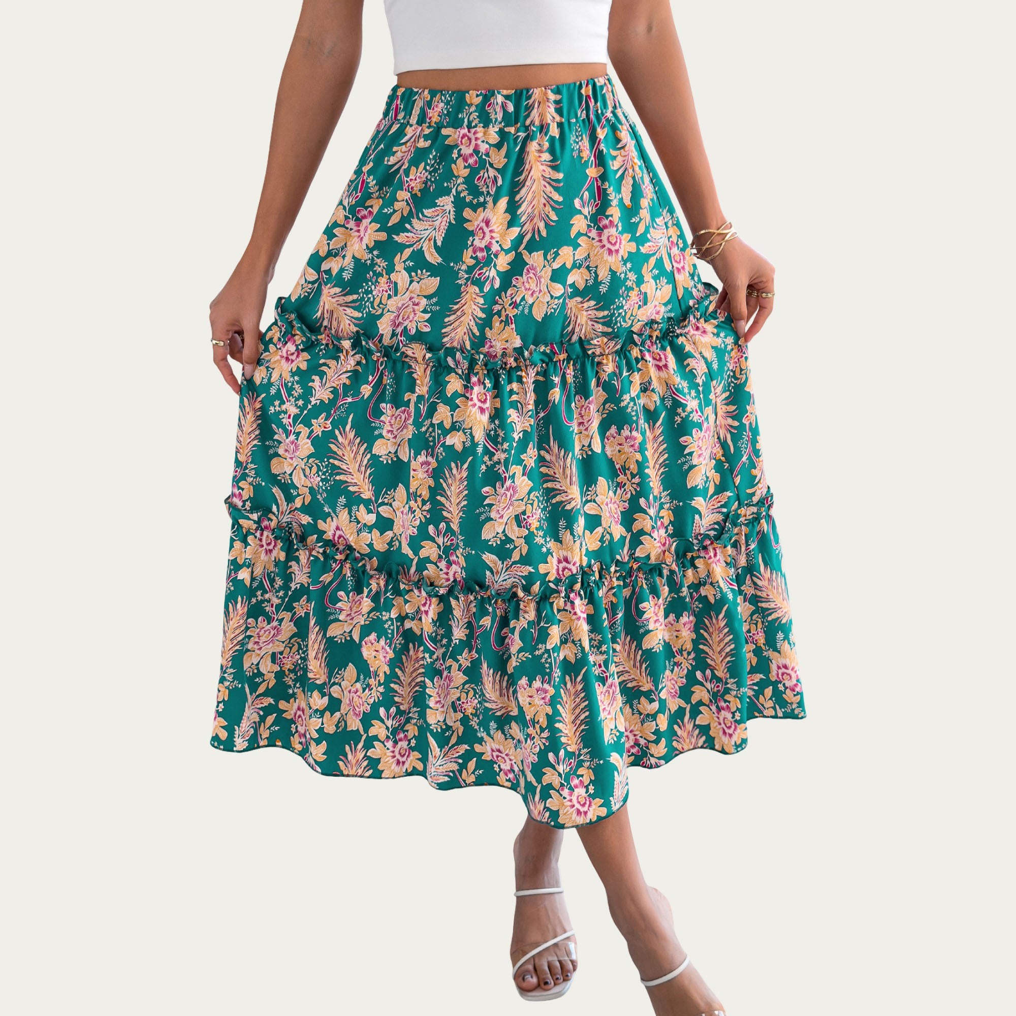 Anna-Kaci Women¡¯s Floral Print Tiered Skirt with Ruffled Detailing for Flattering Fit and Feminine Elegance