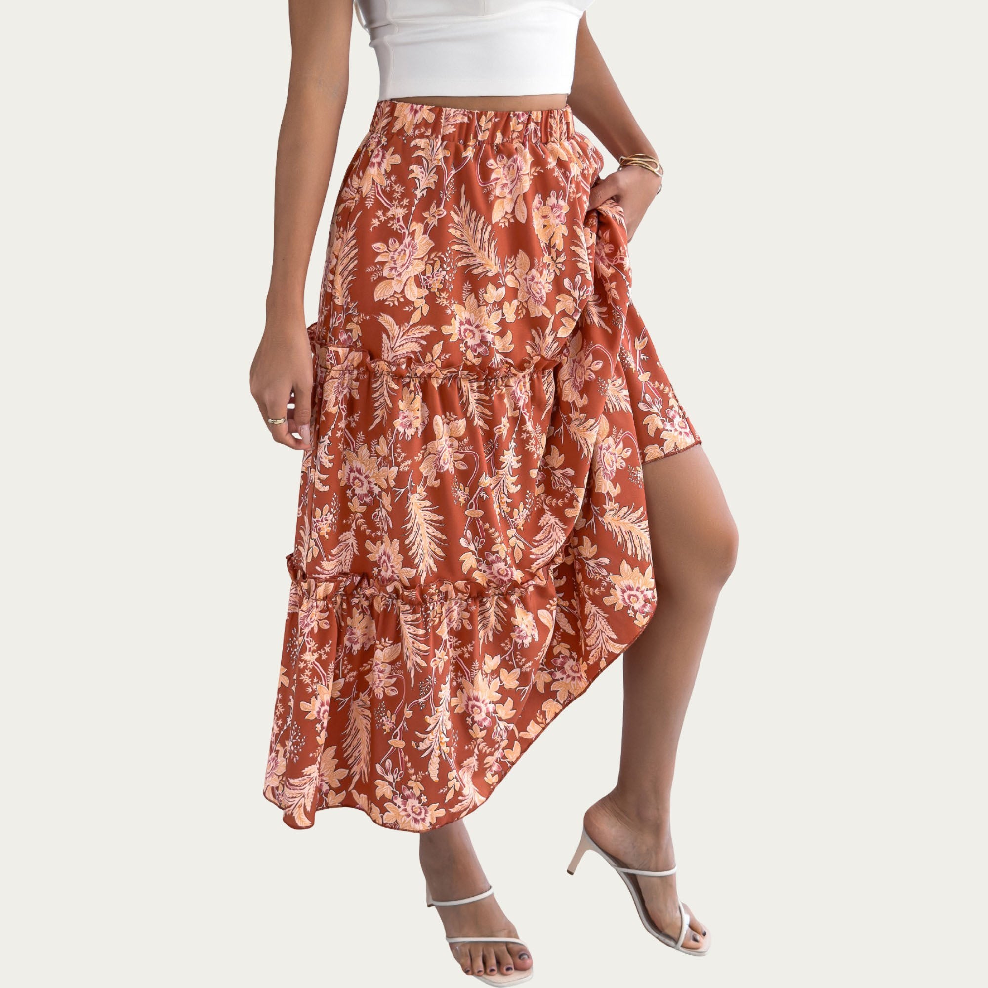 Anna-Kaci Women¡¯s Floral Print Tiered Skirt with Ruffled Detailing for Flattering Fit and Feminine Elegance