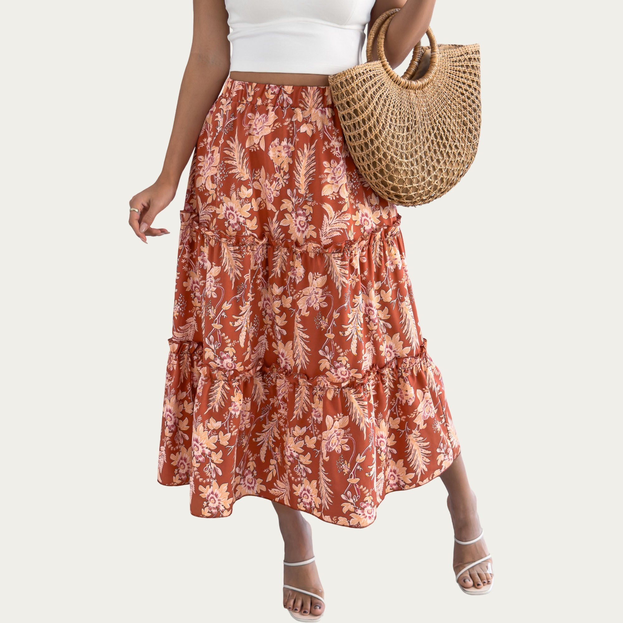 Anna-Kaci Women¡¯s Floral Print Tiered Skirt with Ruffled Detailing for Flattering Fit and Feminine Elegance