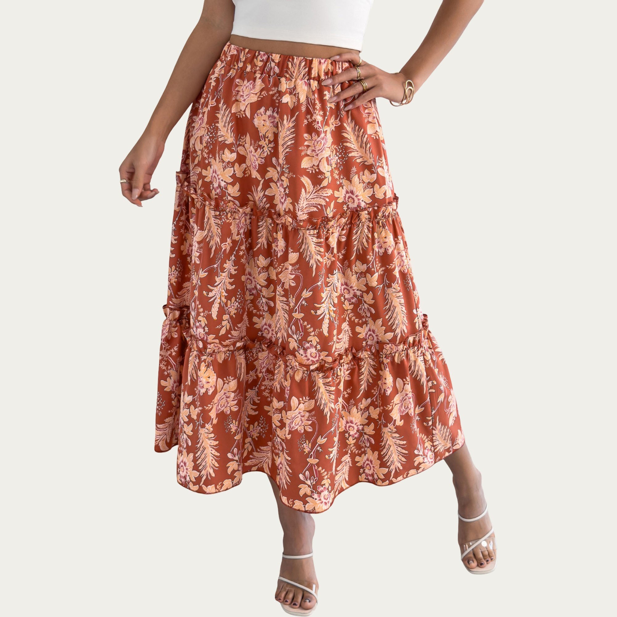 Anna-Kaci Women¡¯s Floral Print Tiered Skirt with Ruffled Detailing for Flattering Fit and Feminine Elegance
