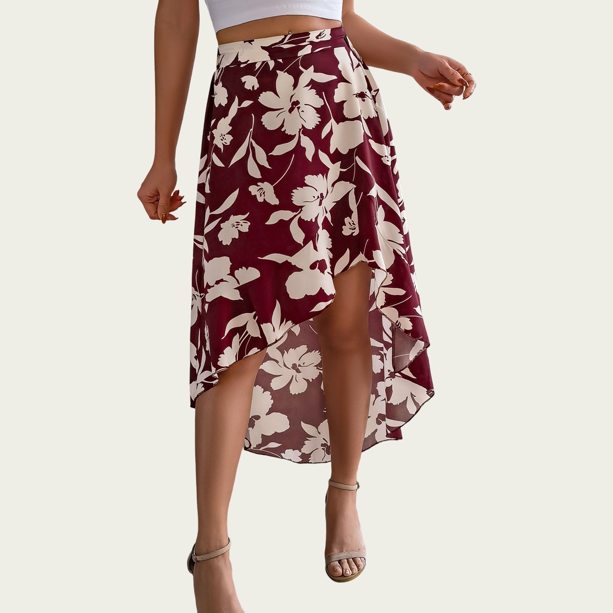 Anna-Kaci Women¡¯s Floral Print High-Low Skirt with Elegant Asymmetrical Hem and Flattering Fit