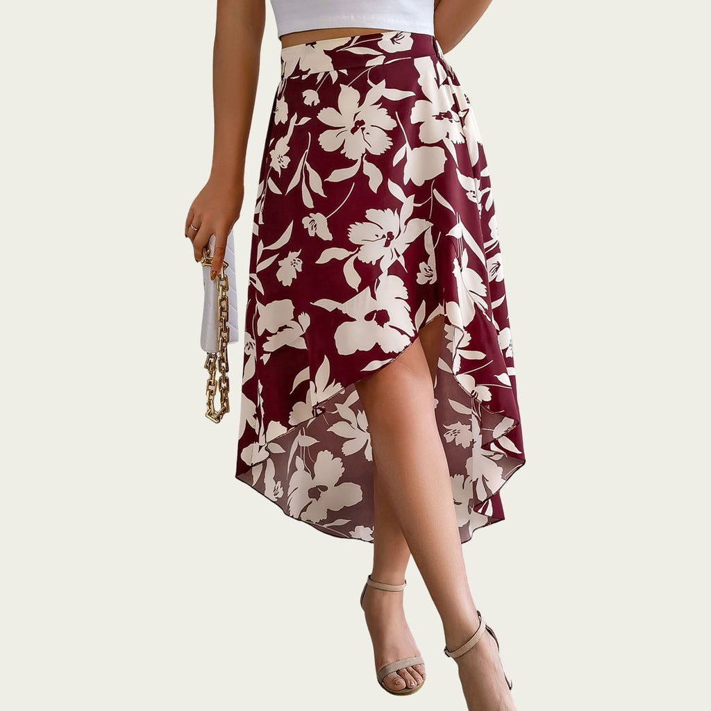 Anna-Kaci Women¡¯s Floral Print High-Low Skirt with Elegant Asymmetrical Hem and Flattering Fit