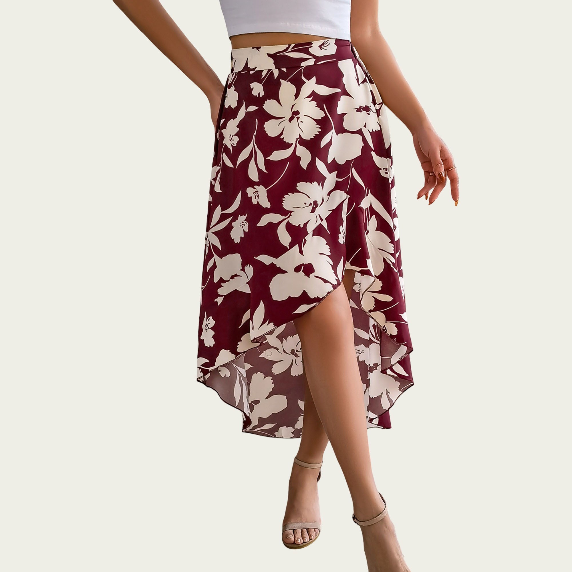 Anna-Kaci Women¡¯s Floral Print High-Low Skirt with Elegant Asymmetrical Hem and Flattering Fit