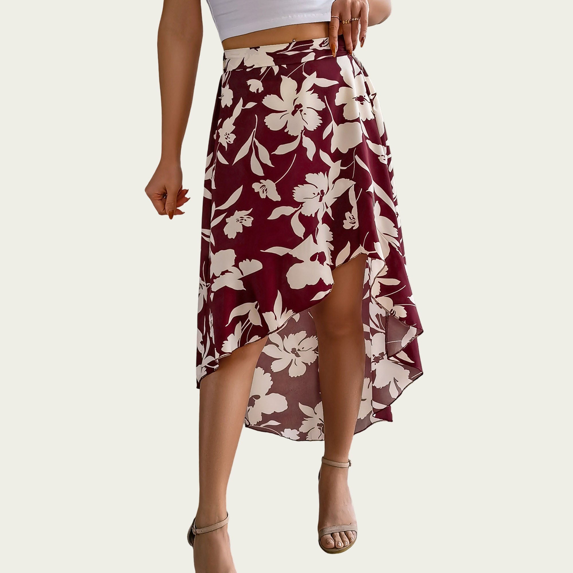 Anna-Kaci Women¡¯s Floral Print High-Low Skirt with Elegant Asymmetrical Hem and Flattering Fit