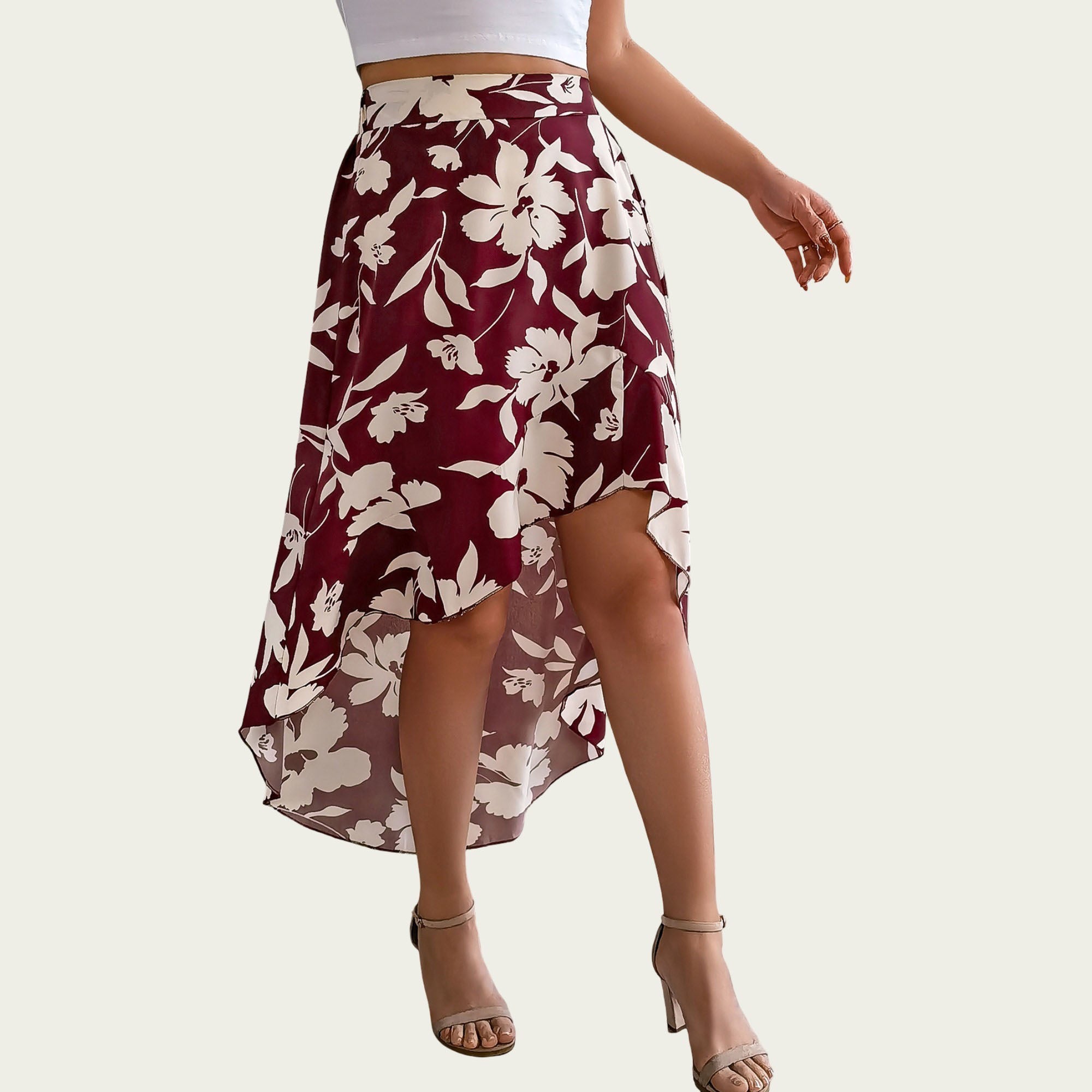 Anna-Kaci Women¡¯s Floral Print High-Low Skirt with Elegant Asymmetrical Hem and Flattering Fit
