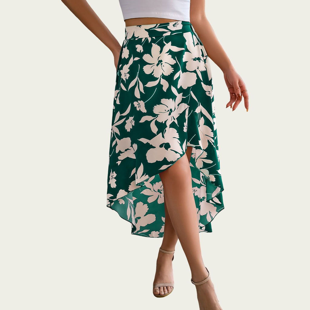 Anna-Kaci Women¡¯s Floral Print High-Low Skirt with Elegant Asymmetrical Hem and Flattering Fit