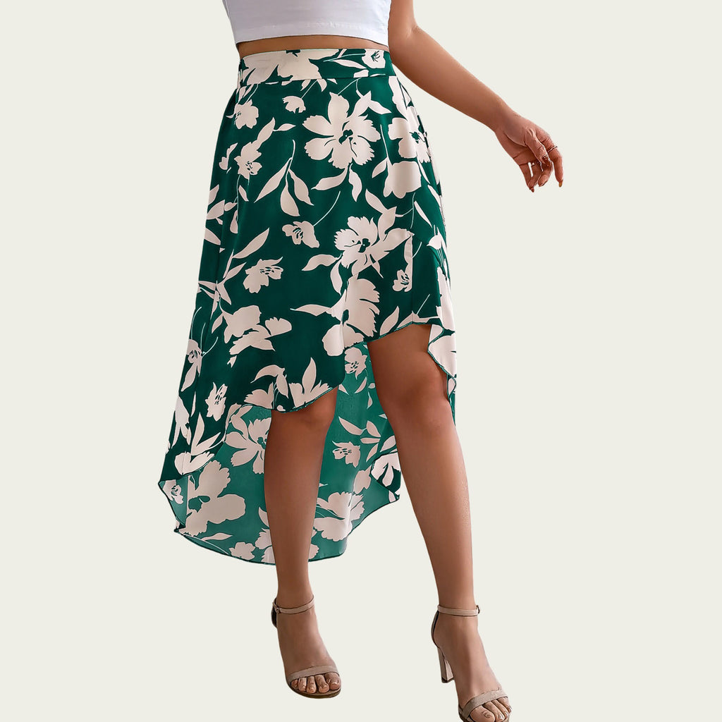 Anna-Kaci Women¡¯s Floral Print High-Low Skirt with Elegant Asymmetrical Hem and Flattering Fit