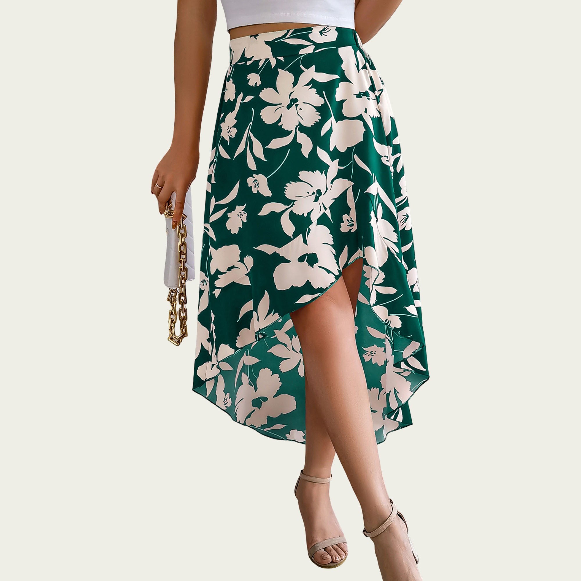 Anna-Kaci Women¡¯s Floral Print High-Low Skirt with Elegant Asymmetrical Hem and Flattering Fit