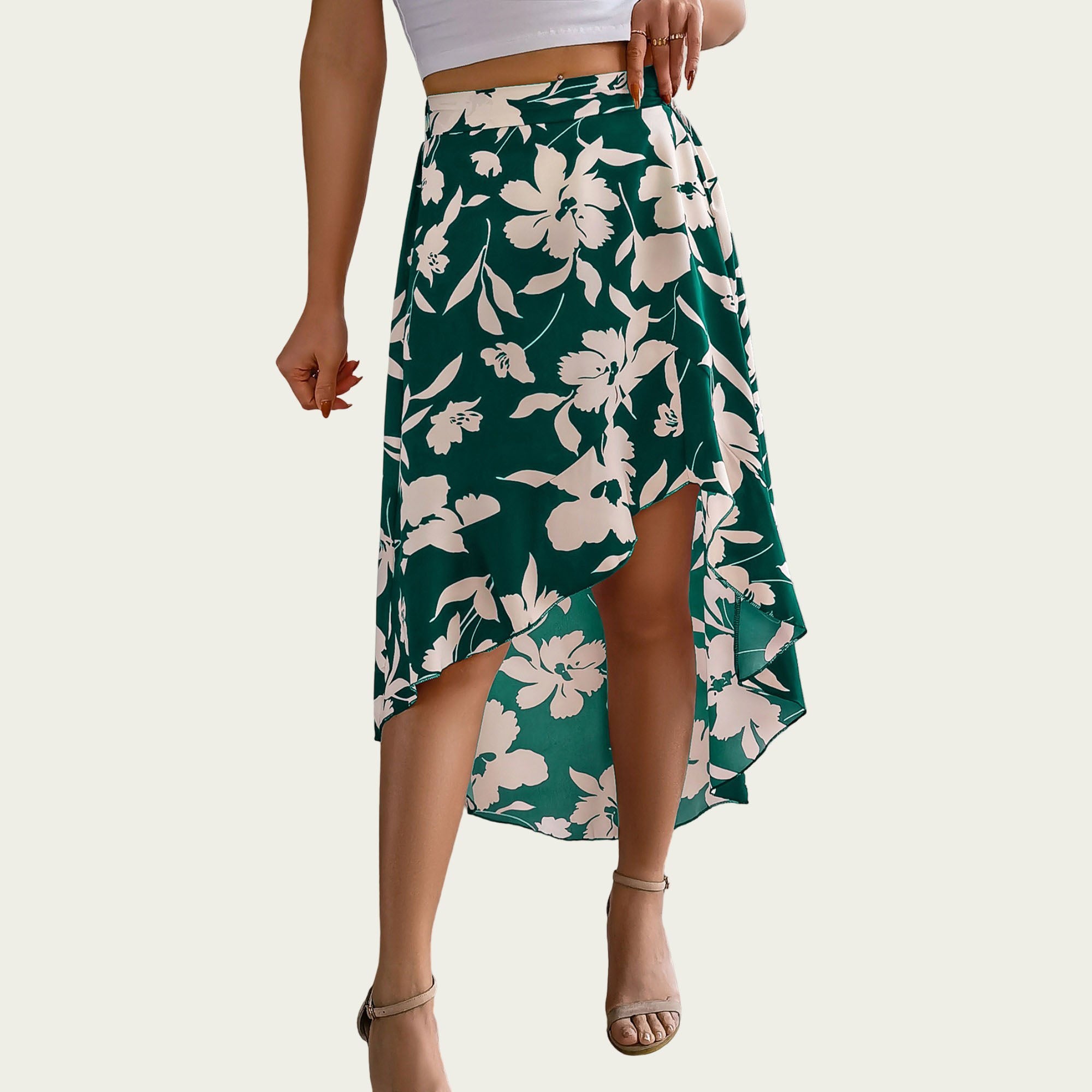 Anna-Kaci Women¡¯s Floral Print High-Low Skirt with Elegant Asymmetrical Hem and Flattering Fit