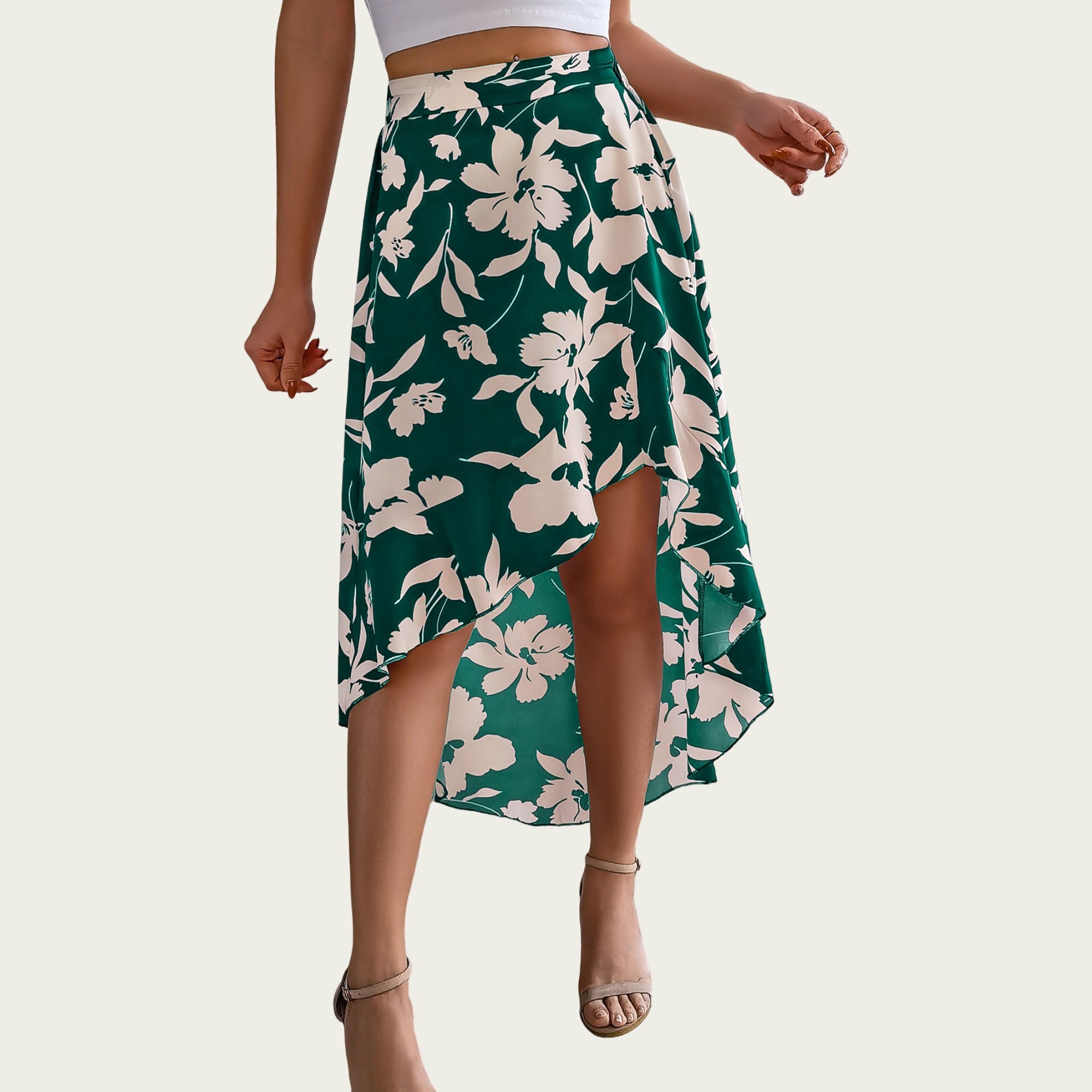 Anna-Kaci Women¡¯s Floral Print High-Low Skirt with Elegant Asymmetrical Hem and Flattering Fit