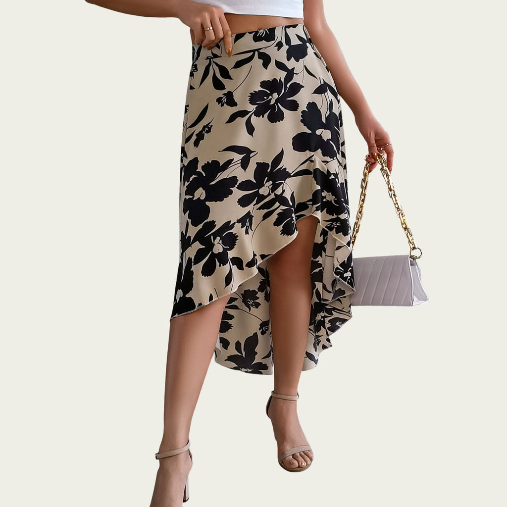 Anna-Kaci Women¡¯s Floral Print High-Low Skirt with Elegant Asymmetrical Hem and Flattering Fit