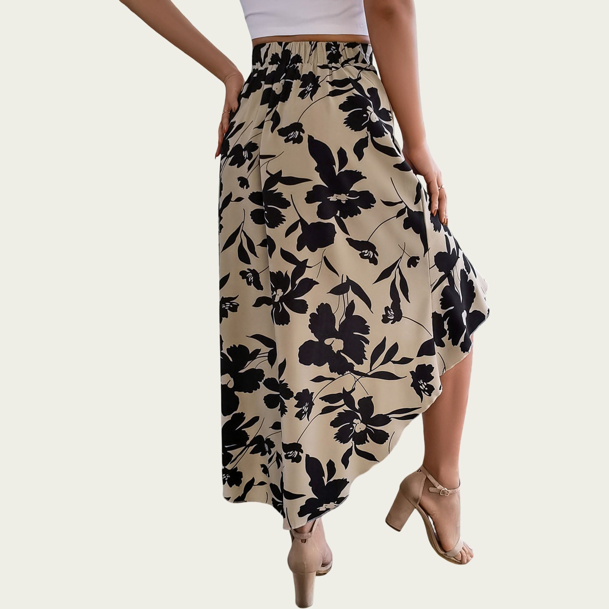 Anna-Kaci Women¡¯s Floral Print High-Low Skirt with Elegant Asymmetrical Hem and Flattering Fit