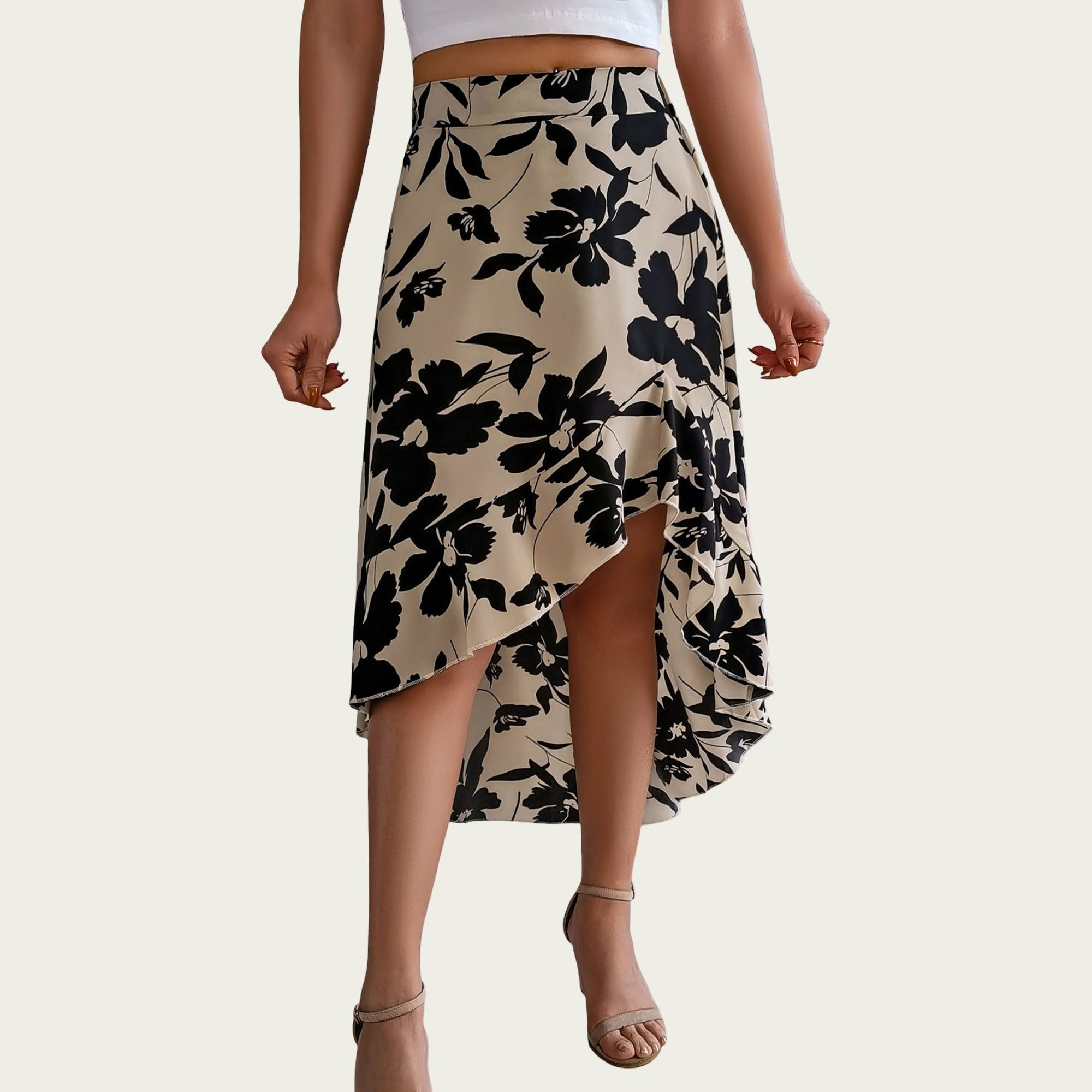 Anna-Kaci Women¡¯s Floral Print High-Low Skirt with Elegant Asymmetrical Hem and Flattering Fit