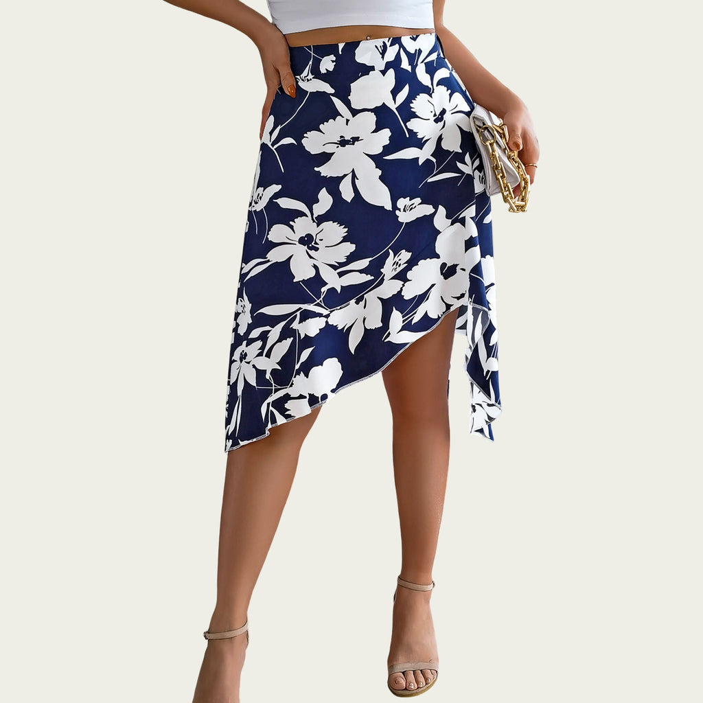 Anna-Kaci Women¡¯s Floral Print High-Low Skirt with Elegant Asymmetrical Hem and Flattering Fit