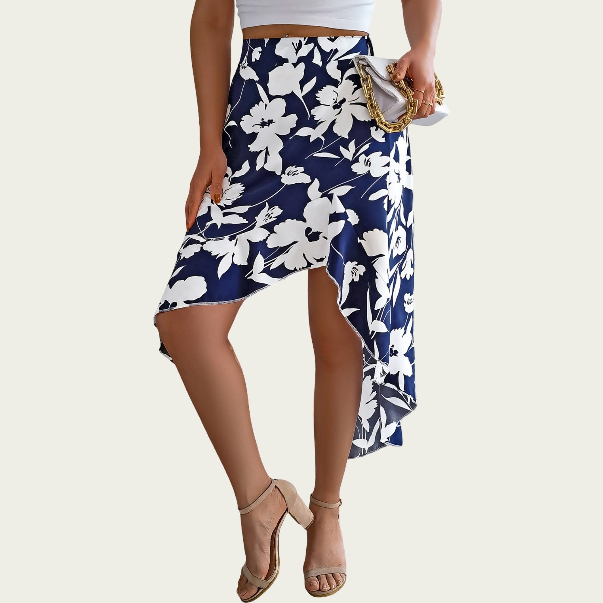 Anna-Kaci Women¡¯s Floral Print High-Low Skirt with Elegant Asymmetrical Hem and Flattering Fit
