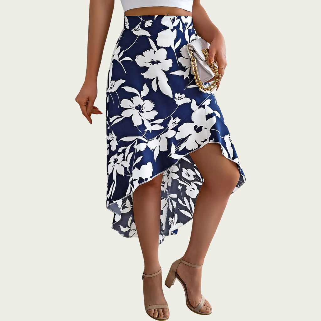 Anna-Kaci Women¡¯s Floral Print High-Low Skirt with Elegant Asymmetrical Hem and Flattering Fit