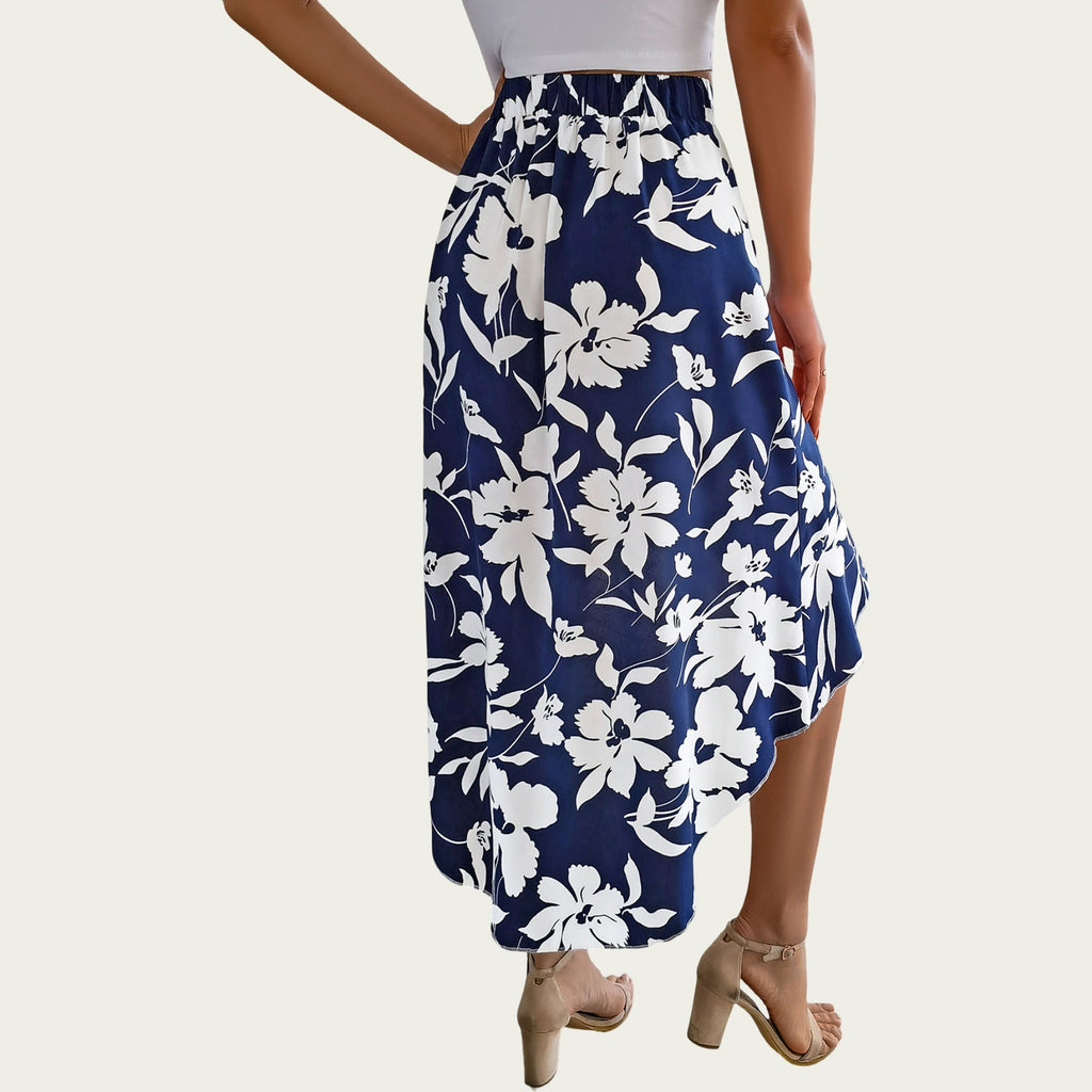 Anna-Kaci Women¡¯s Floral Print High-Low Skirt with Elegant Asymmetrical Hem and Flattering Fit