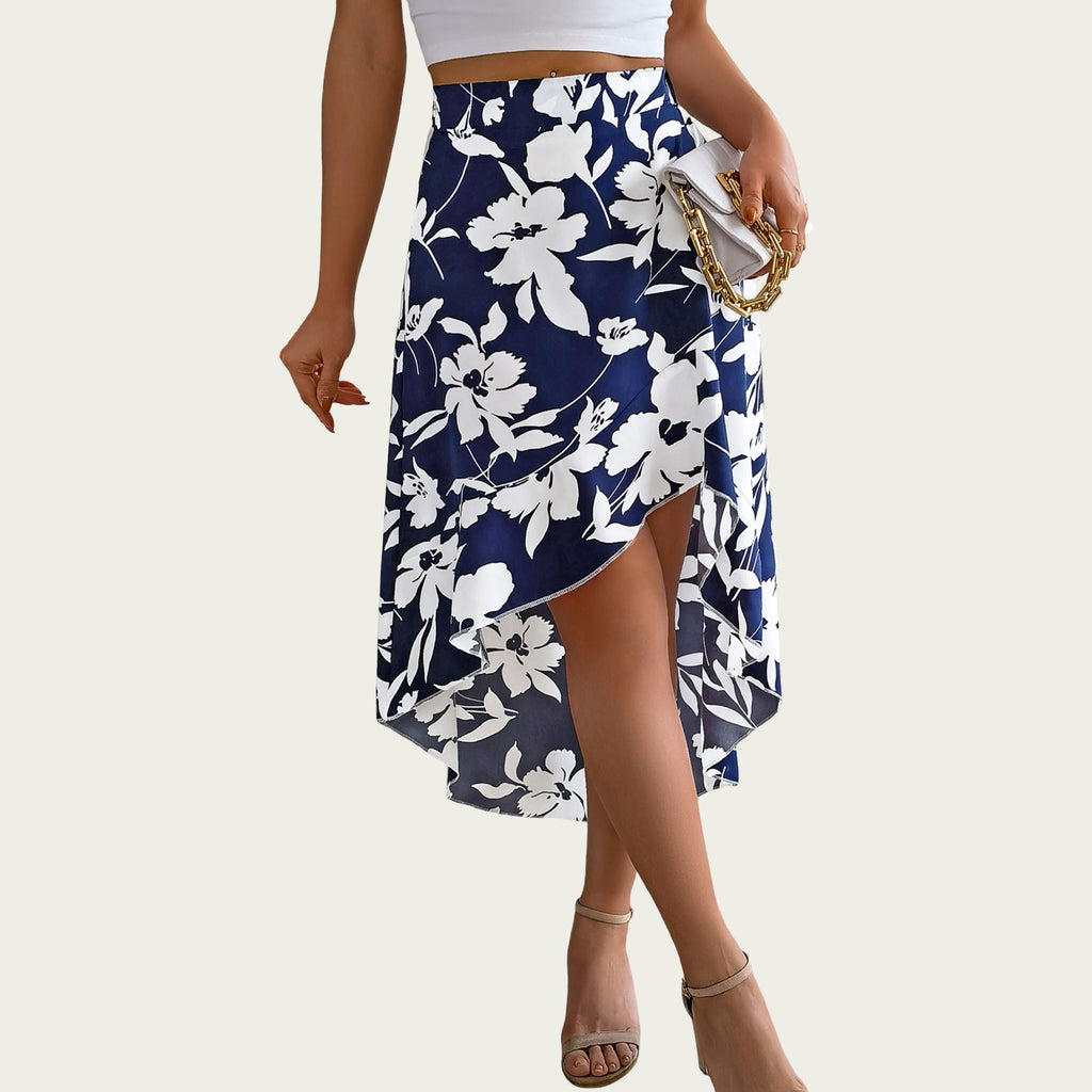 Anna-Kaci Women¡¯s Floral Print High-Low Skirt with Elegant Asymmetrical Hem and Flattering Fit