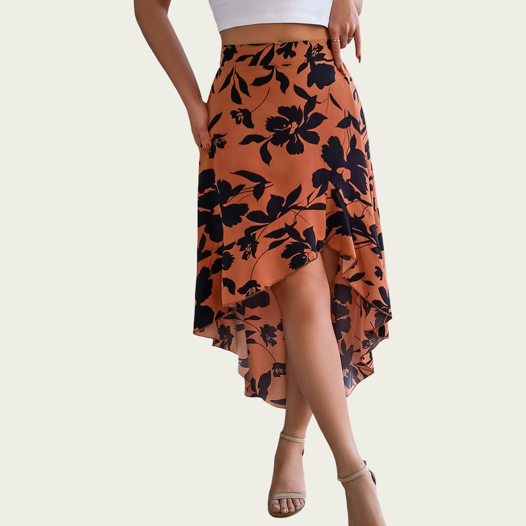 Anna-Kaci Women¡¯s Floral Print High-Low Skirt with Elegant Asymmetrical Hem and Flattering Fit