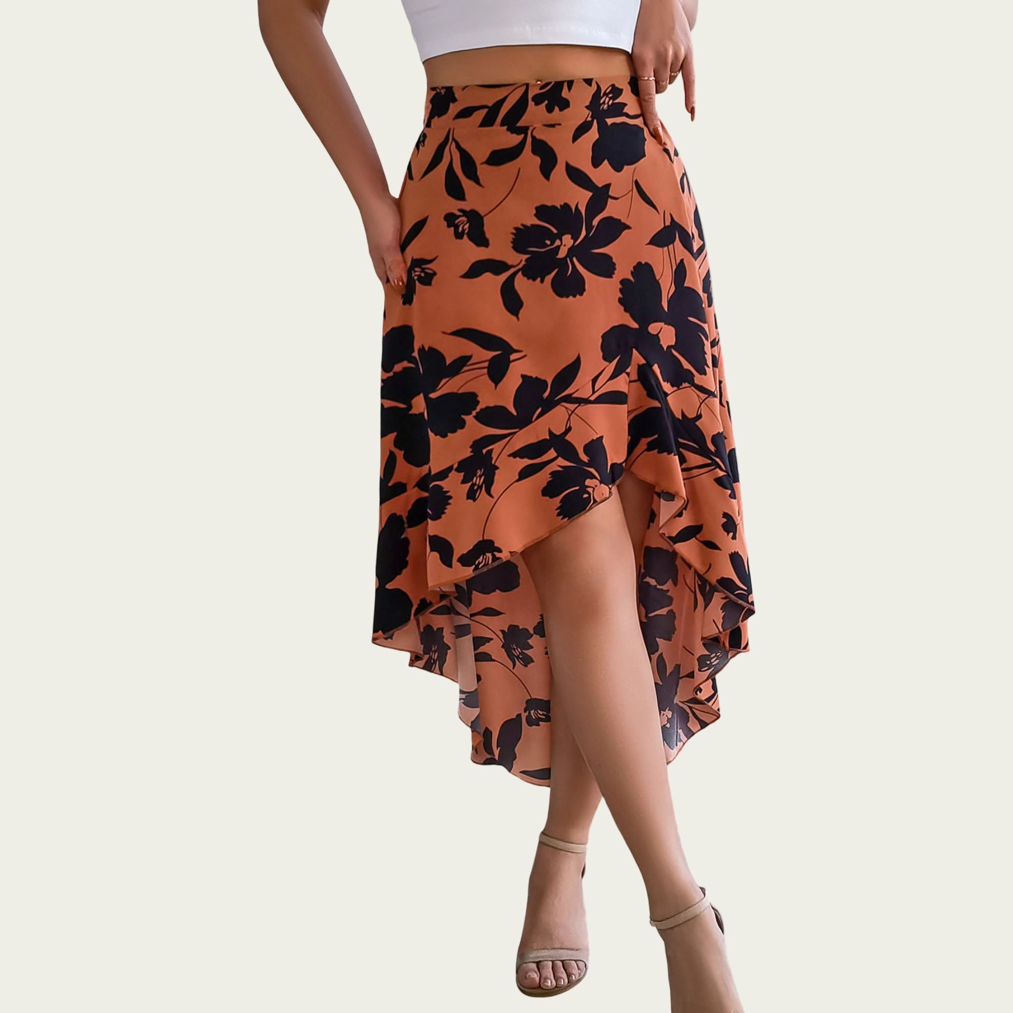 Anna-Kaci Women¡¯s Floral Print High-Low Skirt with Elegant Asymmetrical Hem and Flattering Fit
