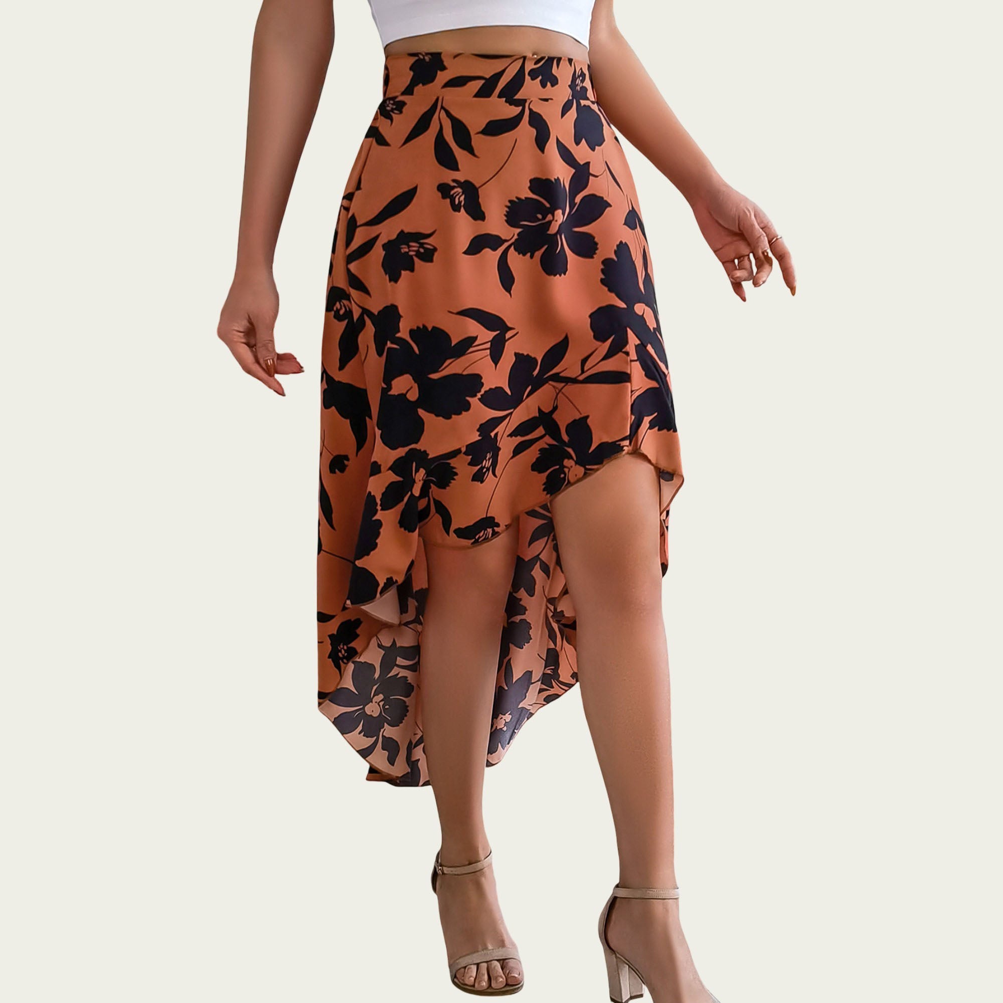 Anna-Kaci Women¡¯s Floral Print High-Low Skirt with Elegant Asymmetrical Hem and Flattering Fit