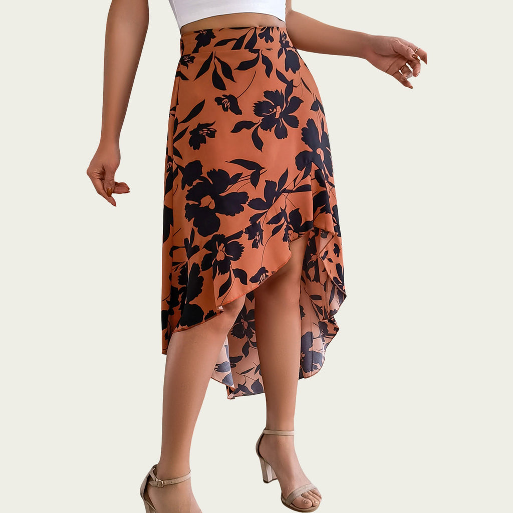 Anna-Kaci Women¡¯s Floral Print High-Low Skirt with Elegant Asymmetrical Hem and Flattering Fit