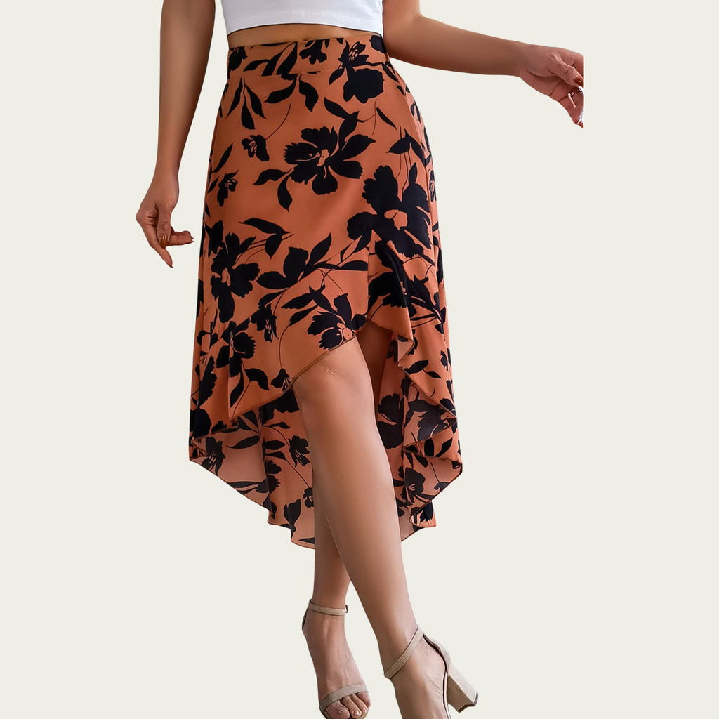 Anna-Kaci Women¡¯s Floral Print High-Low Skirt with Elegant Asymmetrical Hem and Flattering Fit