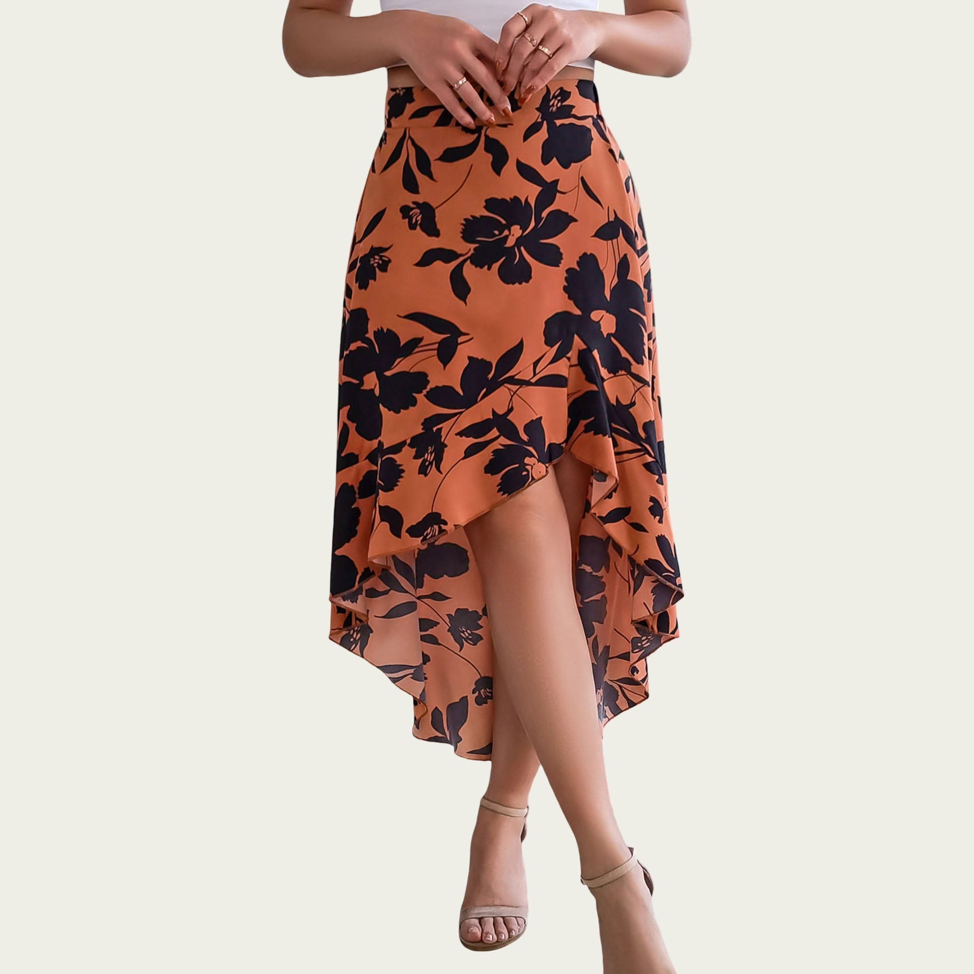 Anna-Kaci Women¡¯s Floral Print High-Low Skirt with Elegant Asymmetrical Hem and Flattering Fit