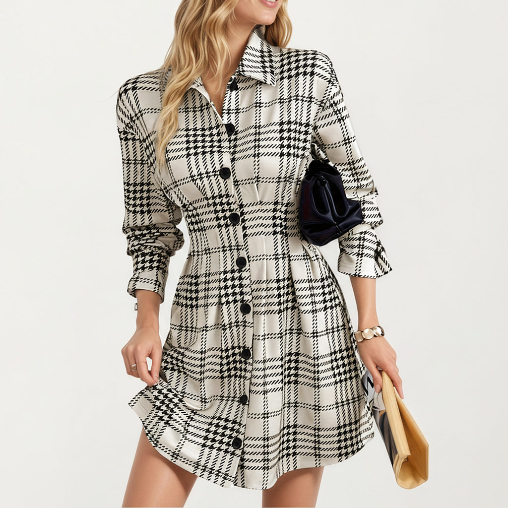 Anna-Kaci Women's Plaid Long Sleeve Shirt Dress with Button Front and Waist Seaming