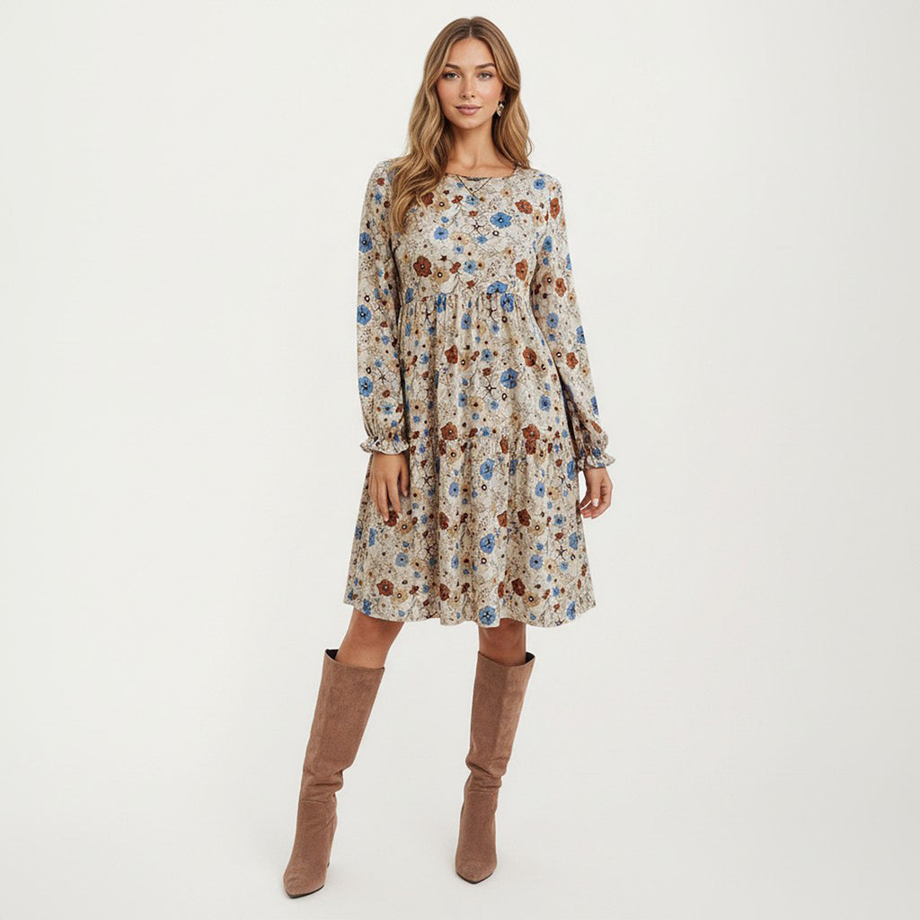 Anna-Kaci Women's Floral Long Sleeve Tiered Dress with Round Neckline and Ruffle Hem