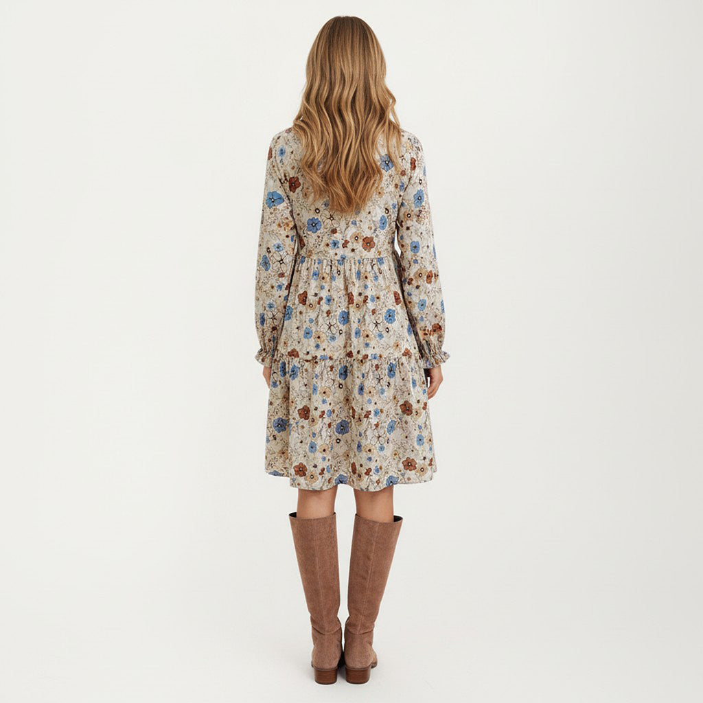 Anna-Kaci Women's Floral Long Sleeve Tiered Dress with Round Neckline and Ruffle Hem