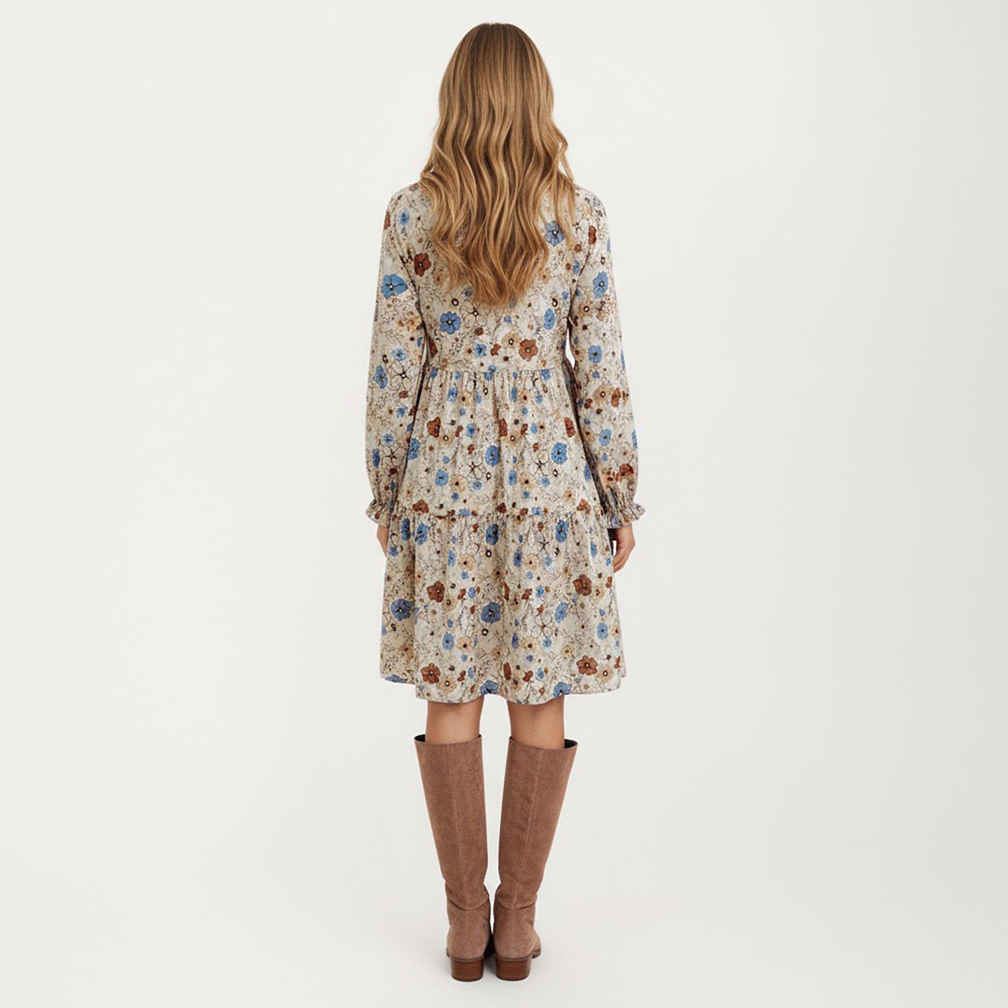 Anna-Kaci Women's Floral Long Sleeve Tiered Dress with Round Neckline and Ruffle Hem