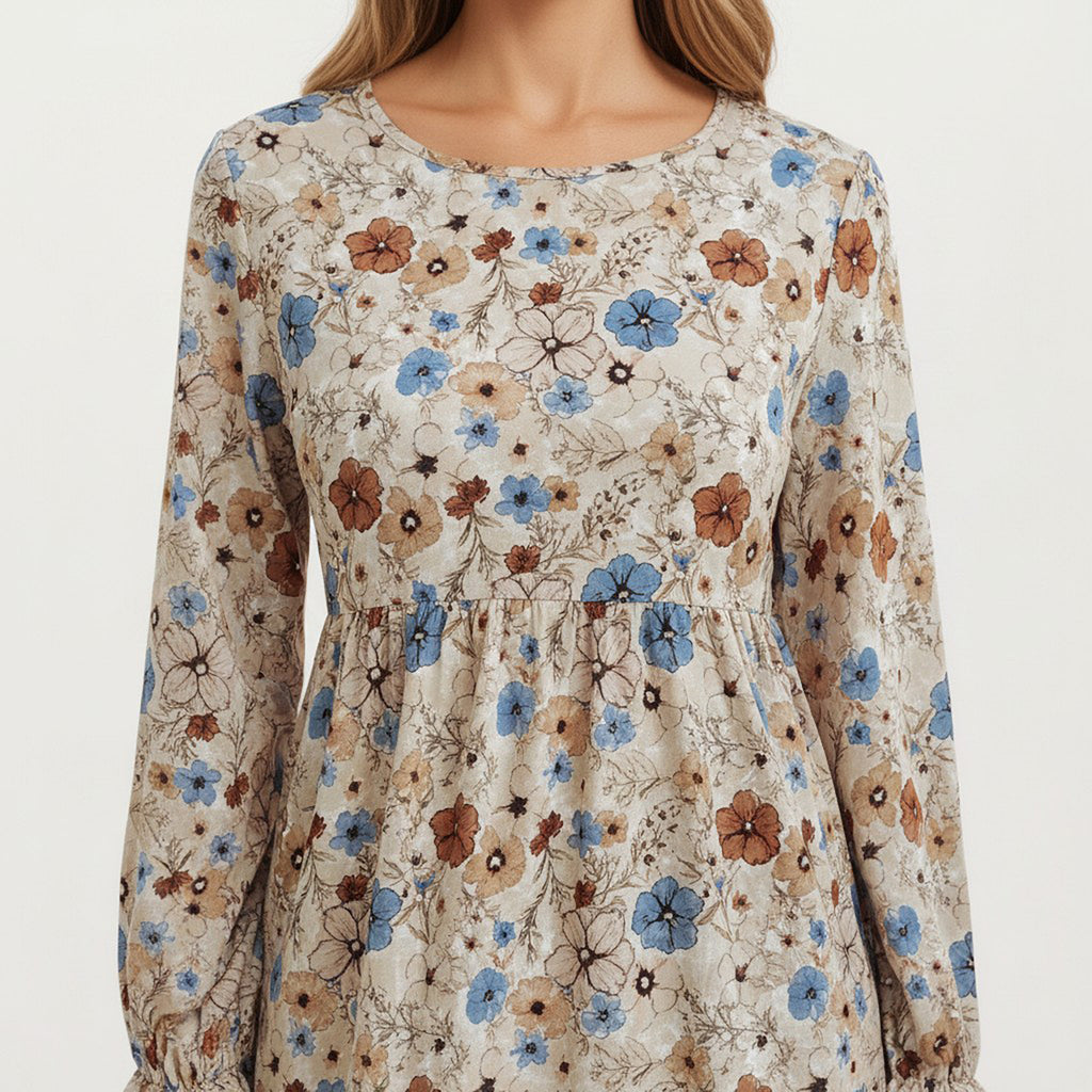 Anna-Kaci Women's Floral Long Sleeve Tiered Dress with Round Neckline and Ruffle Hem