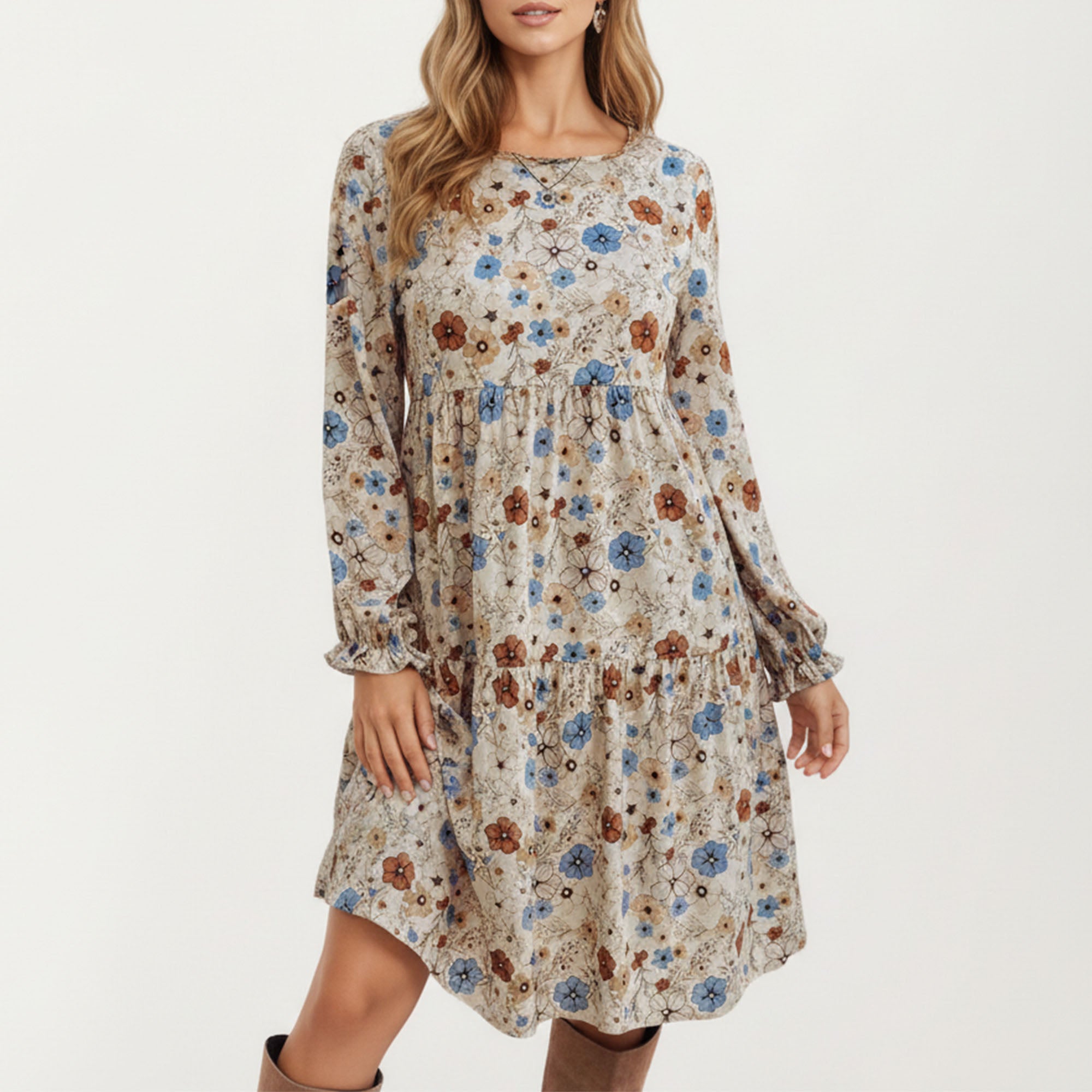 Anna-Kaci Women's Floral Long Sleeve Tiered Dress with Round Neckline and Ruffle Hem