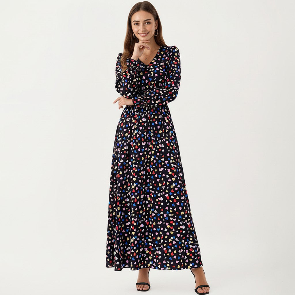 Anna-Kaci Women's Floral Long Sleeve Maxi Dress with V Neckline and Ruffle Cuffs