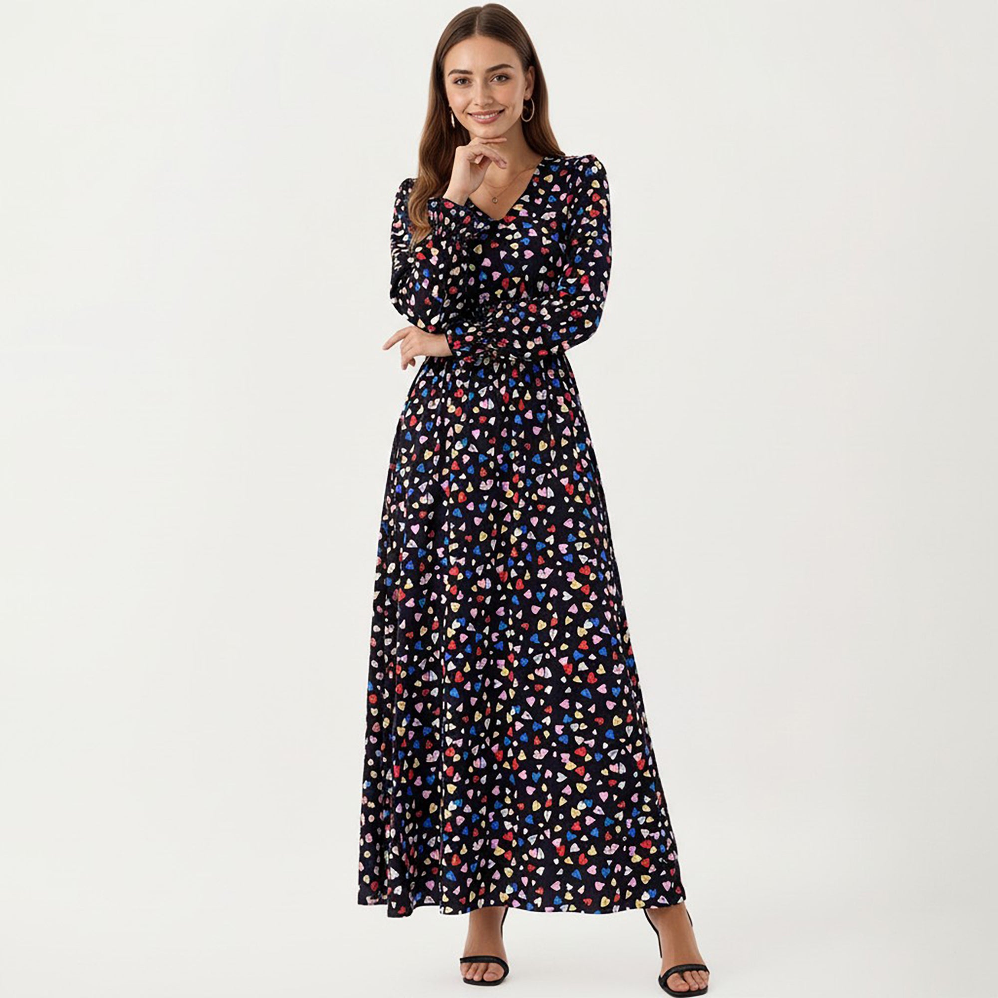 Anna-Kaci Women's Floral Long Sleeve Maxi Dress with V Neckline and Ruffle Cuffs