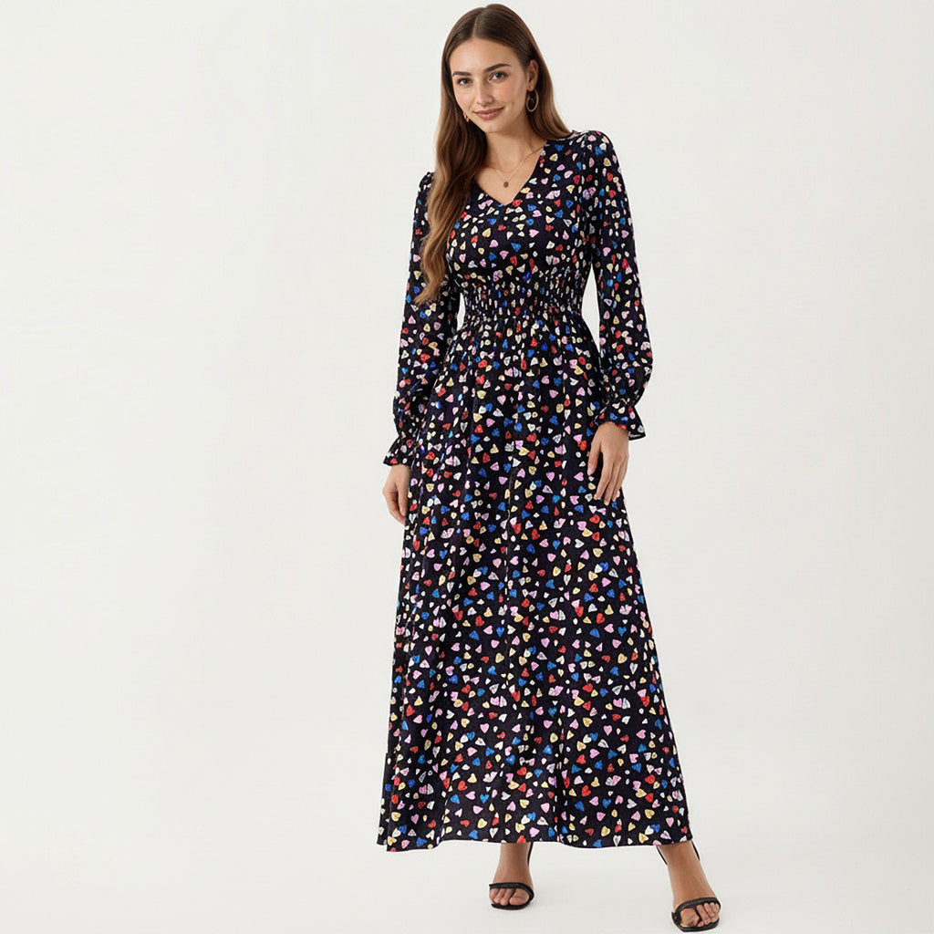 Anna-Kaci Women's Floral Long Sleeve Maxi Dress with V Neckline and Ruffle Cuffs