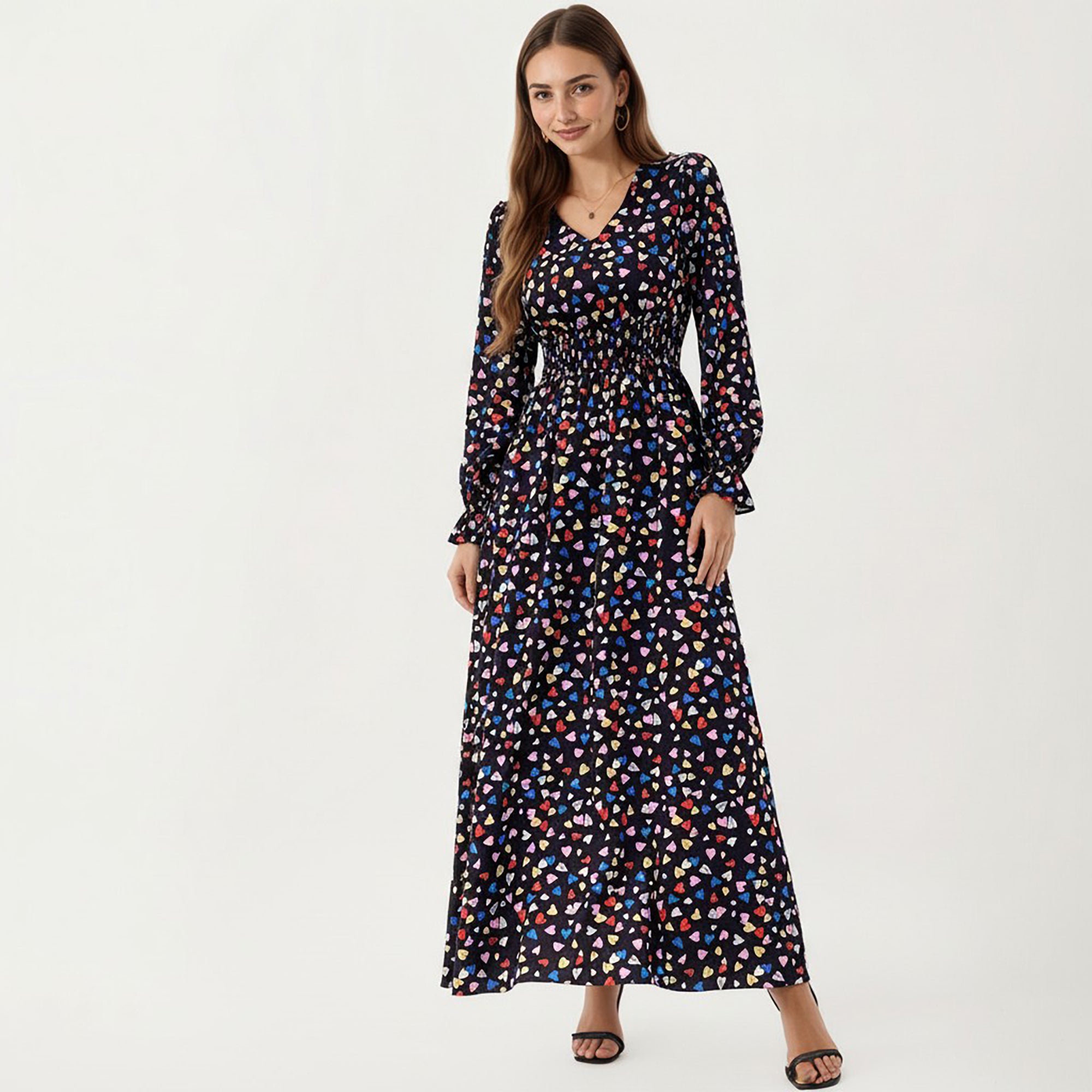 Anna-Kaci Women's Floral Long Sleeve Maxi Dress with V Neckline and Ruffle Cuffs
