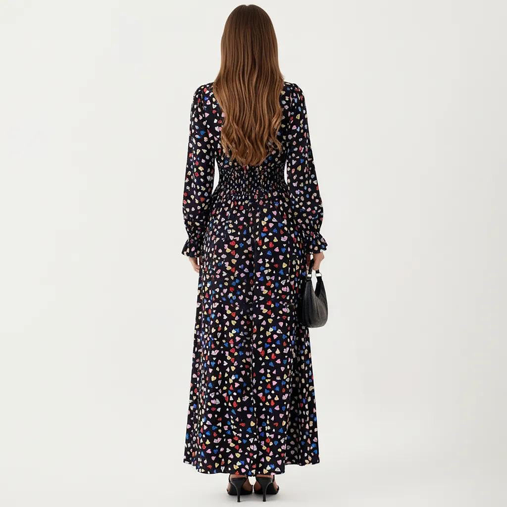 Anna-Kaci Women's Floral Long Sleeve Maxi Dress with V Neckline and Ruffle Cuffs