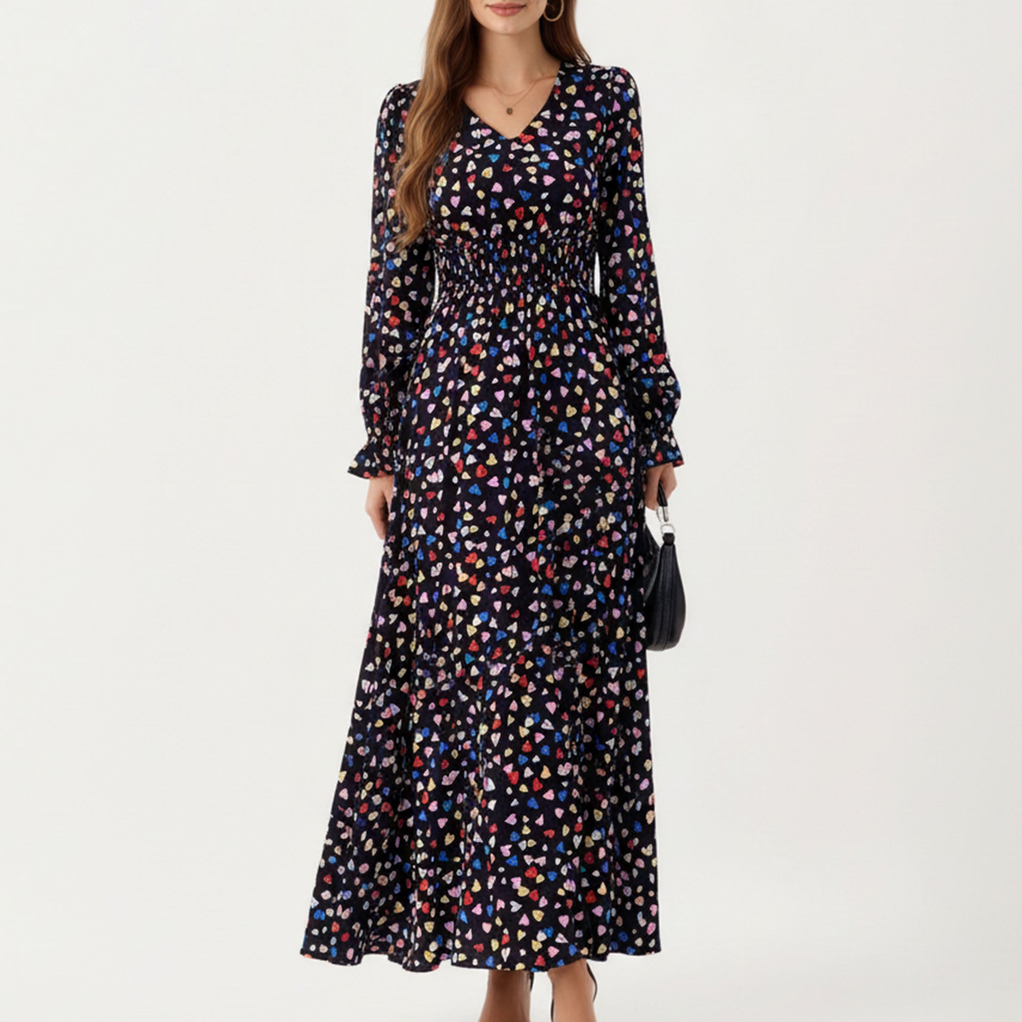 Anna-Kaci Women's Floral Long Sleeve Maxi Dress with V Neckline and Ruffle Cuffs