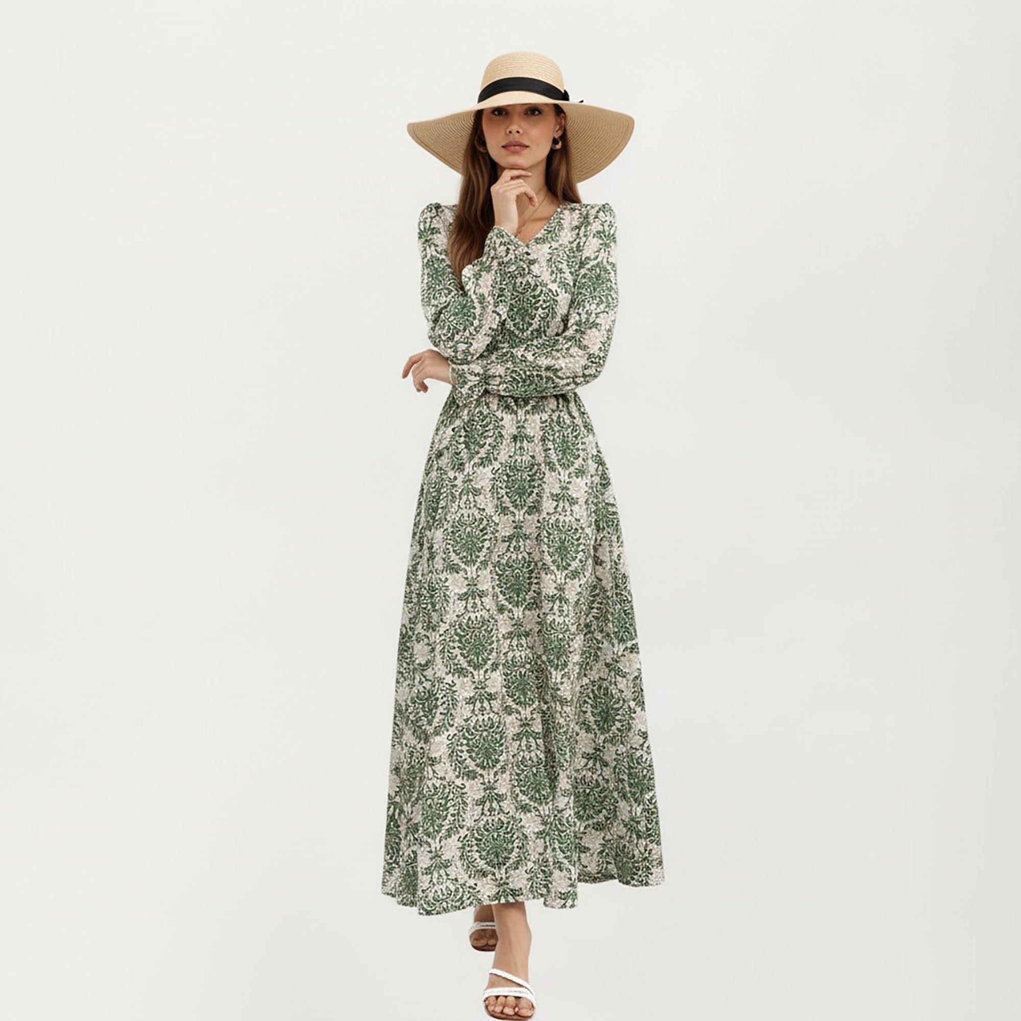 Anna-Kaci Women's Floral Long Sleeve Maxi Dress with V Neckline and Ruffle Cuffs