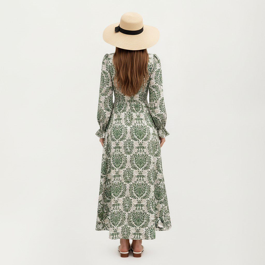 Anna-Kaci Women's Floral Long Sleeve Maxi Dress with V Neckline and Ruffle Cuffs